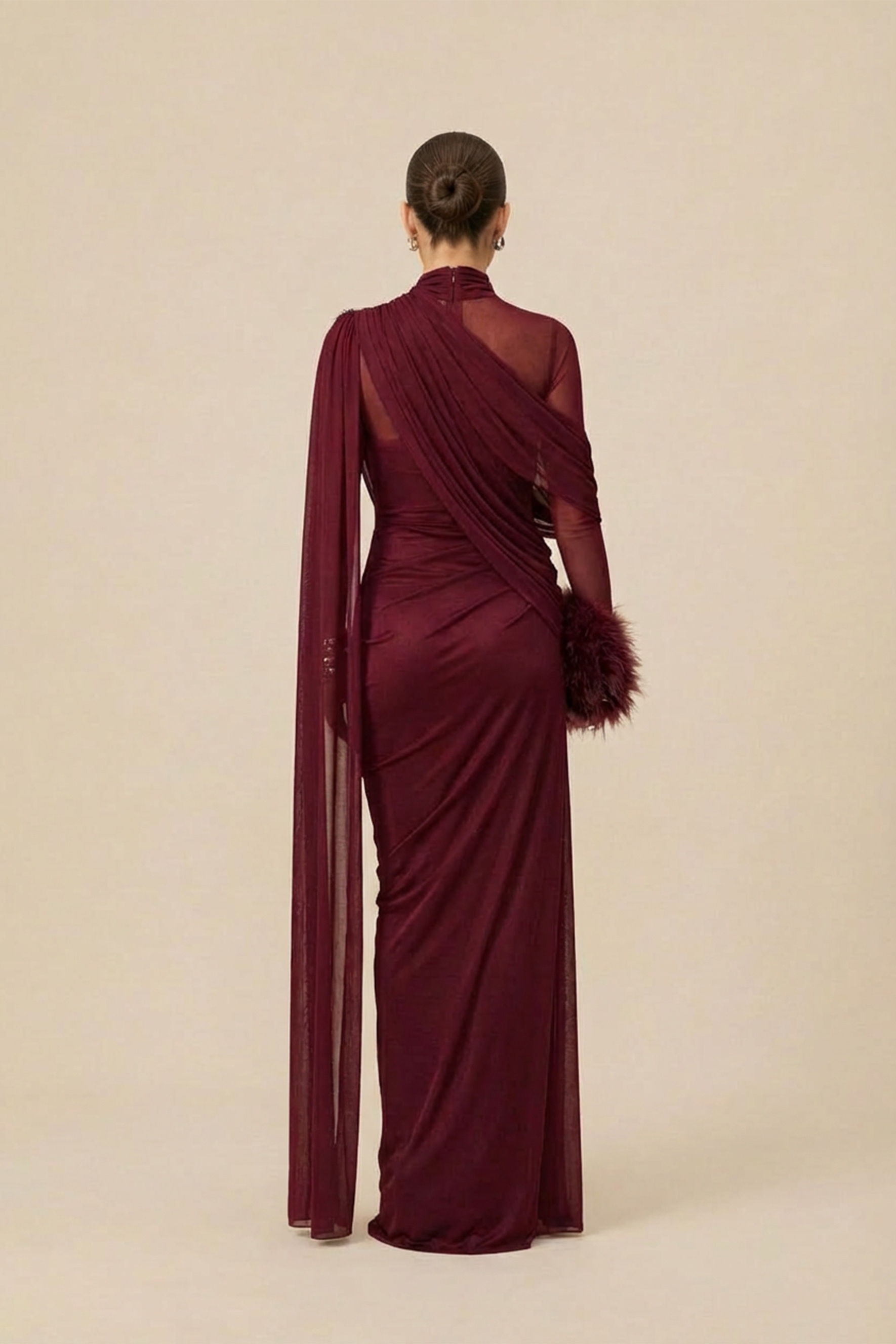 Gala Ready Burgundy Asymmetric Draped Cape Maxi Dress