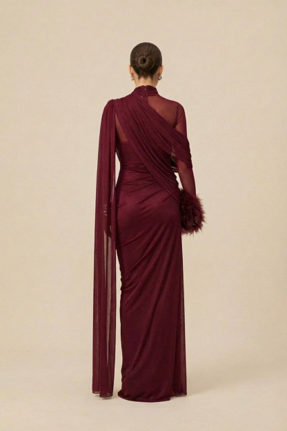 Gala Ready Burgundy Asymmetric Draped Cape Maxi Dress