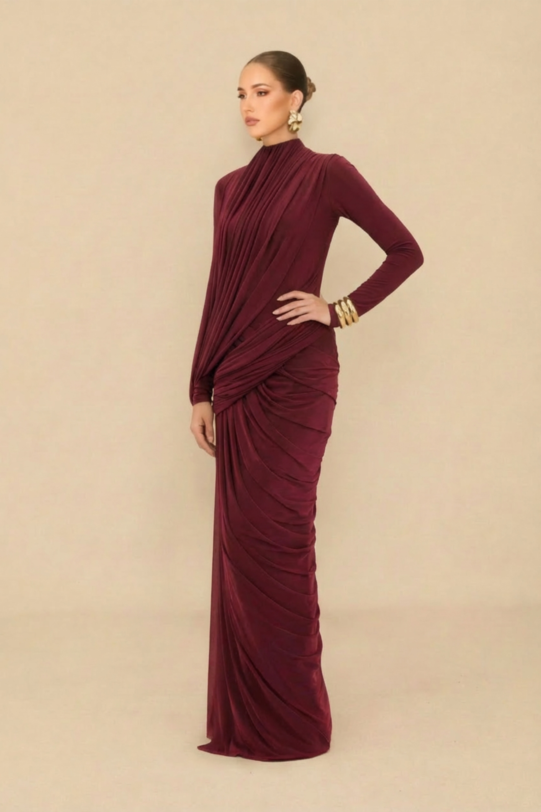 Swan Song High Neck Asymmetric Drape Maxi Dress