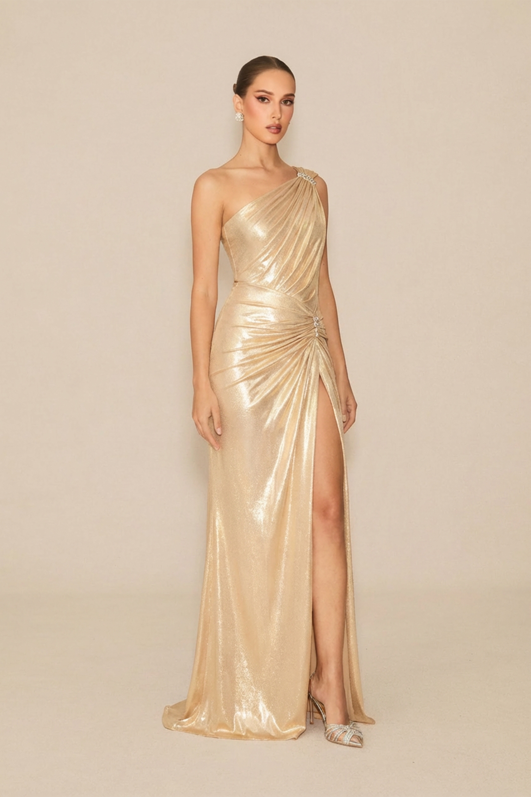 Glamorous Choice Gold One Shoulder High Slit Maxi Dress