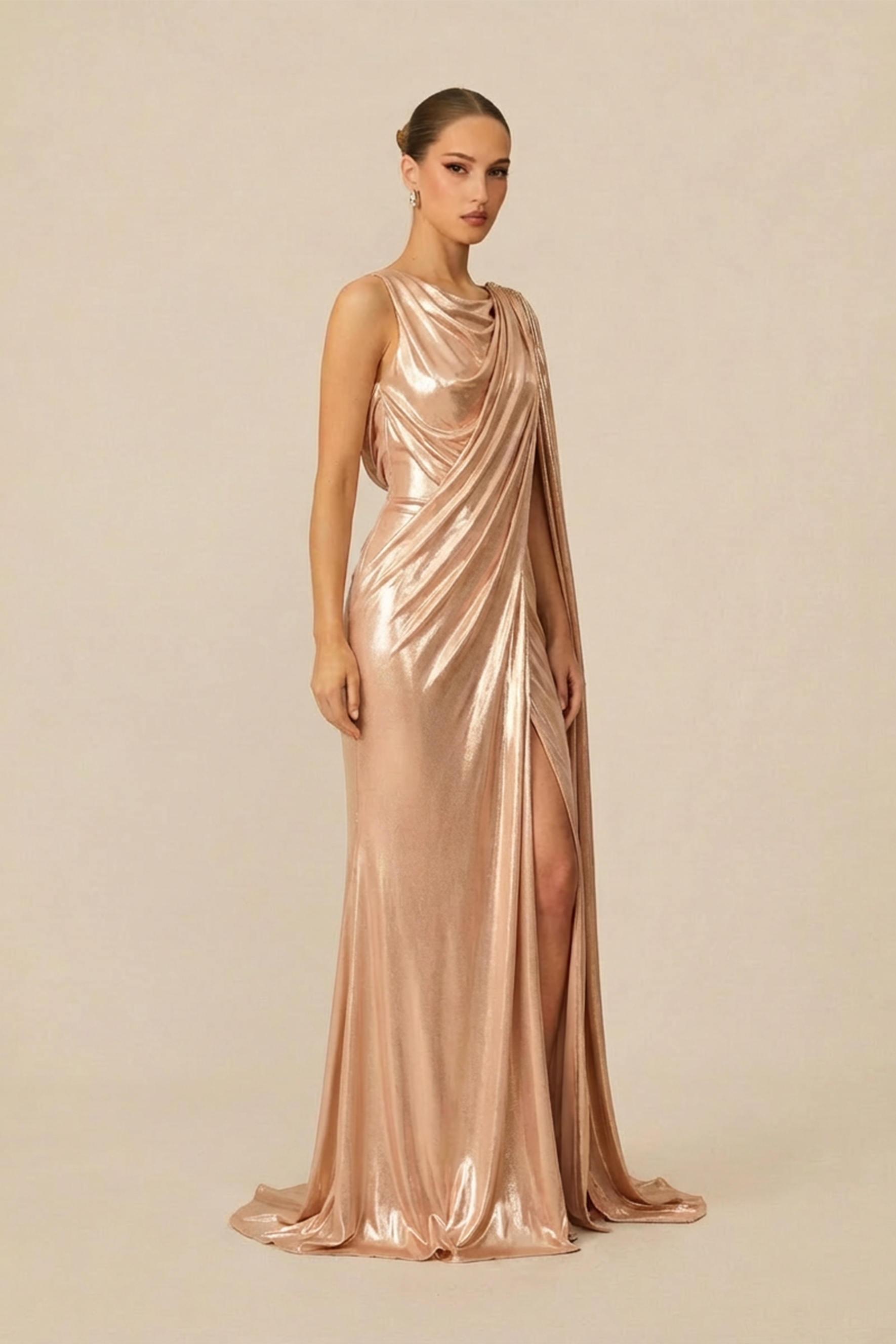 Beautiful Evenings Gold Asymmetric Draped Cape Maxi Dress