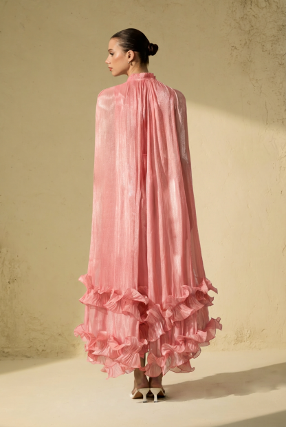 Shirley Pink Cape-effect Ruffled Midi Dress