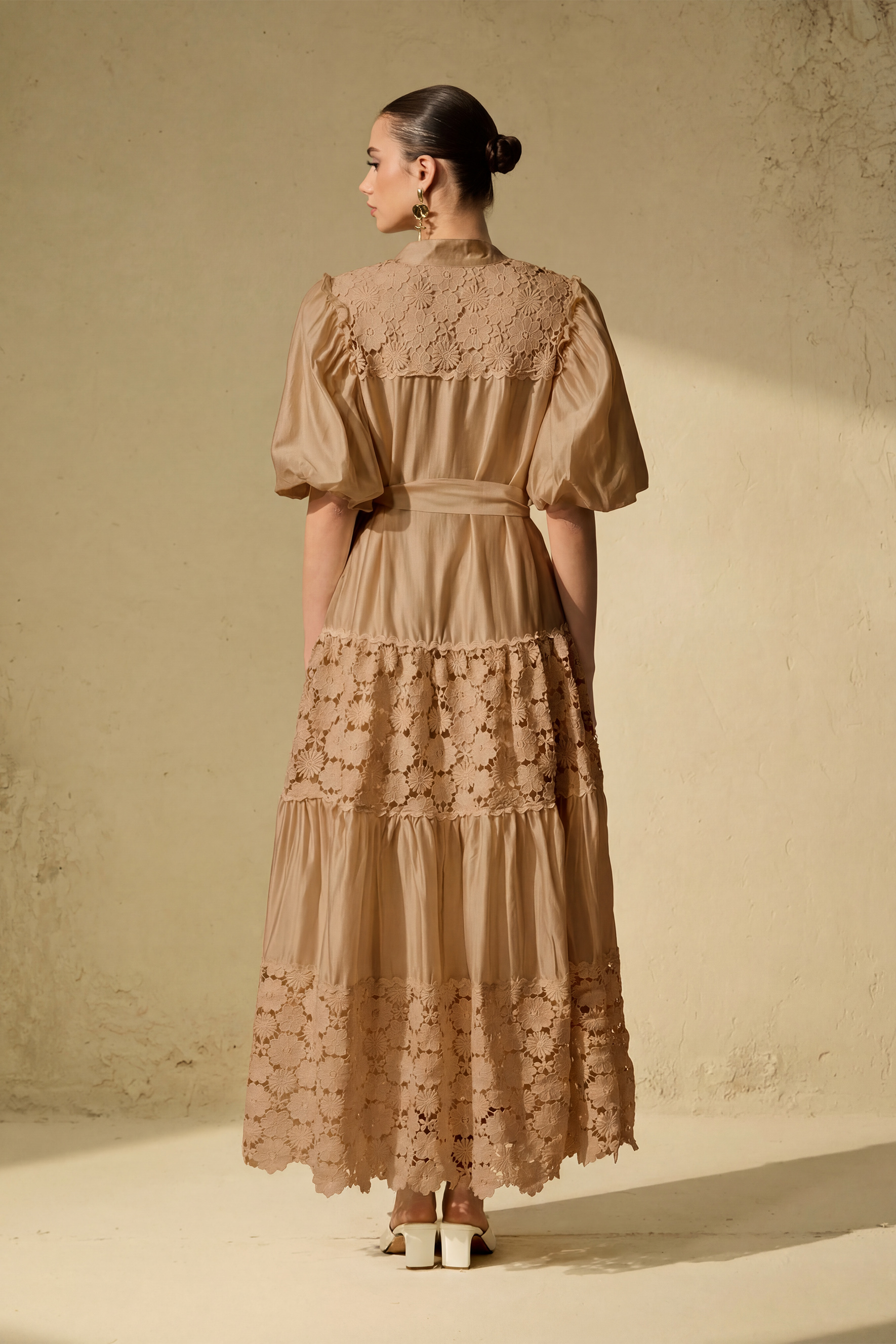 Chic Reverie Puff Sleeve Floral Lace Maxi Dress