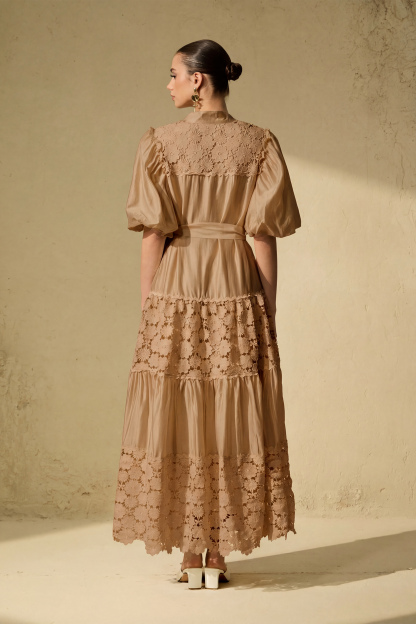 Chic Reverie Puff Sleeve Floral Lace Maxi Dress