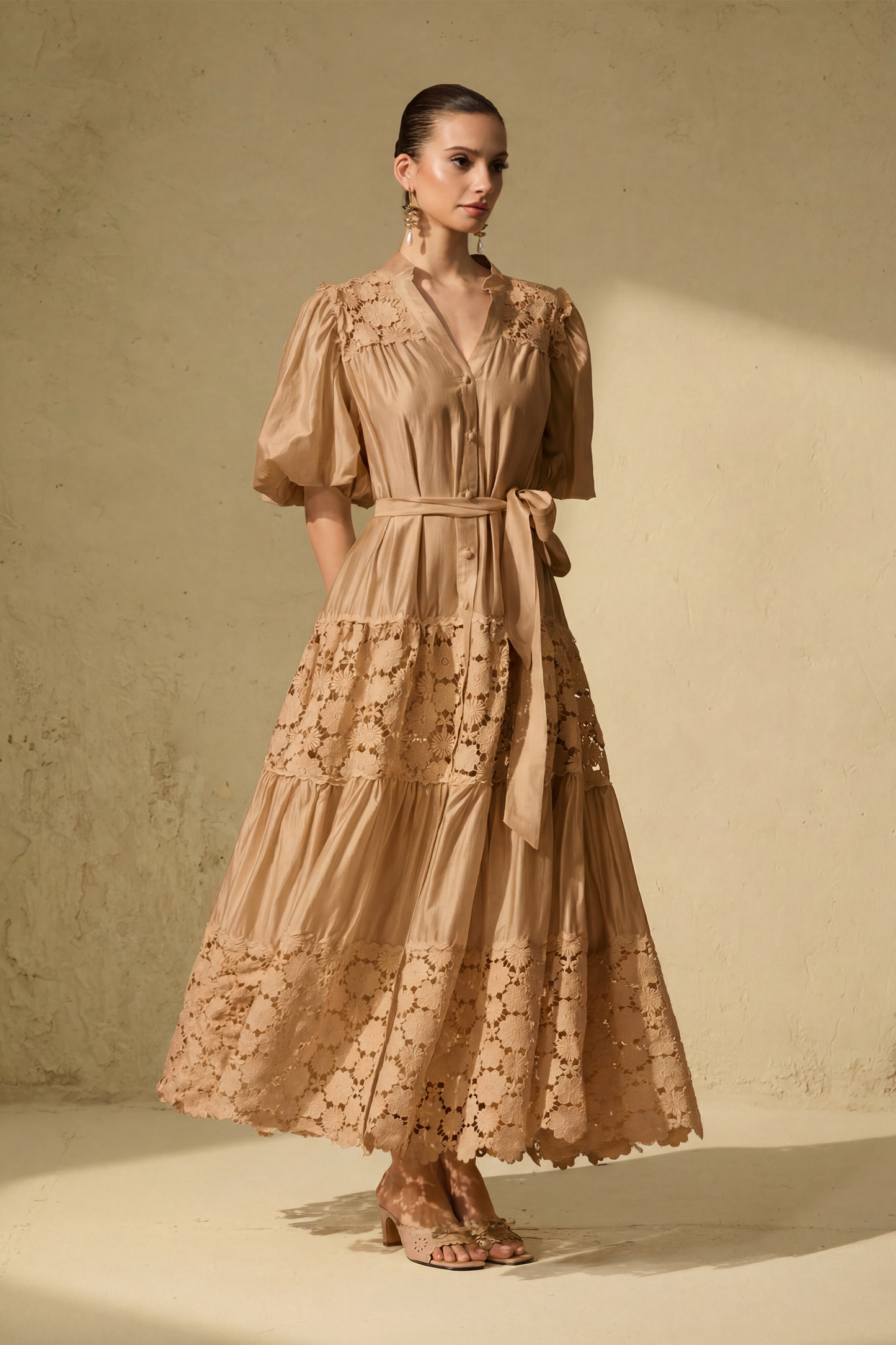 Chic Reverie Puff Sleeve Floral Lace Maxi Dress