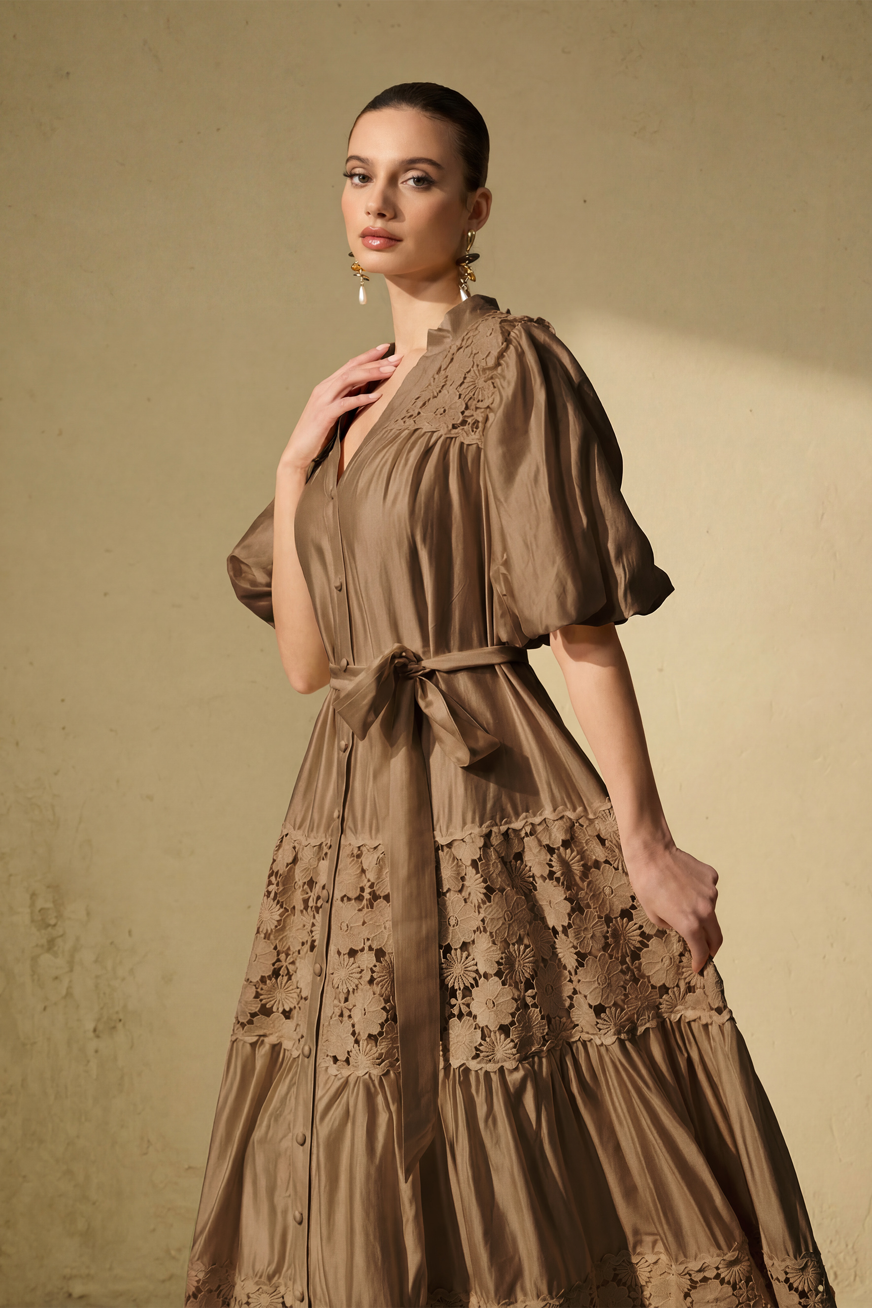 Chic Reverie Puff Sleeve Floral Lace Maxi Dress