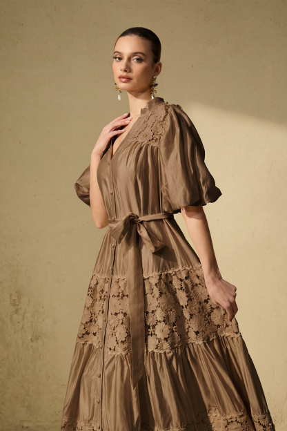 Chic Reverie Puff Sleeve Floral Lace Maxi Dress