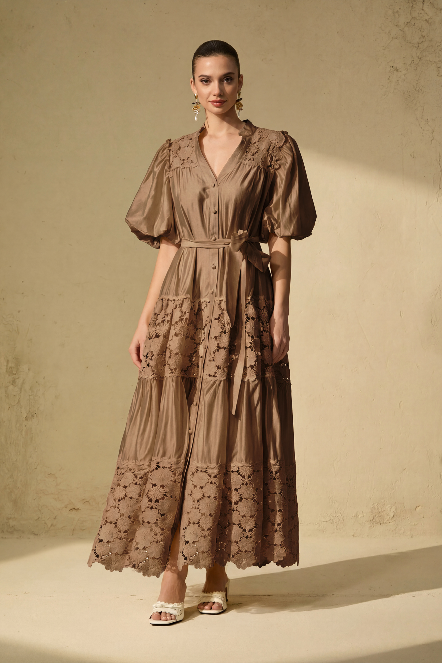 Chic Reverie Puff Sleeve Floral Lace Maxi Dress