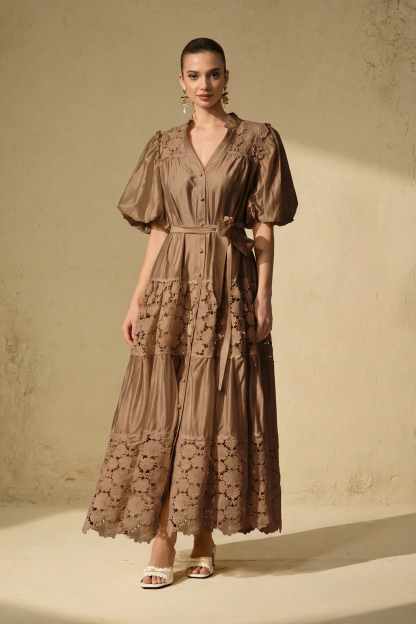 Chic Reverie Puff Sleeve Floral Lace Maxi Dress