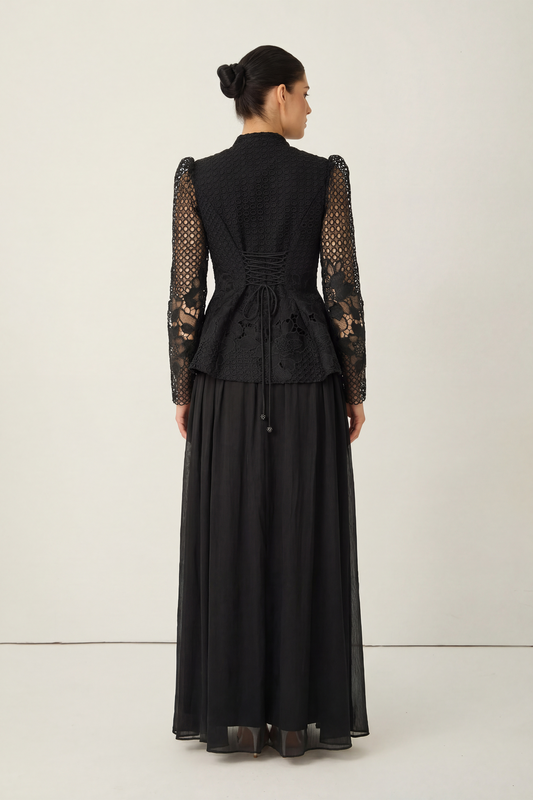 Evenings of Elegance Black Floral Embroidery Sheer Sleeve Top & Skirt Set
