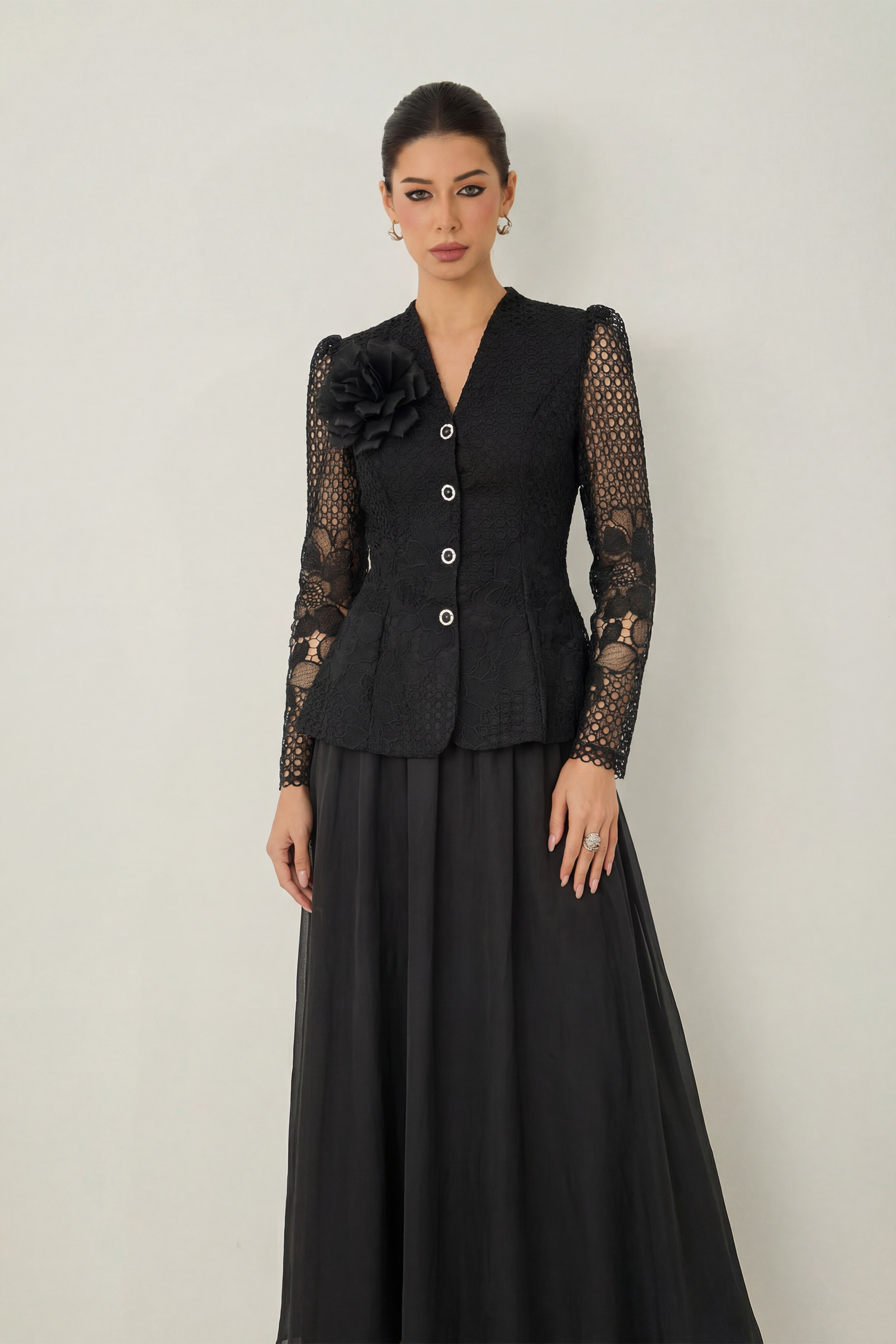 Evenings of Elegance Black Floral Embroidery Sheer Sleeve Top & Skirt Set