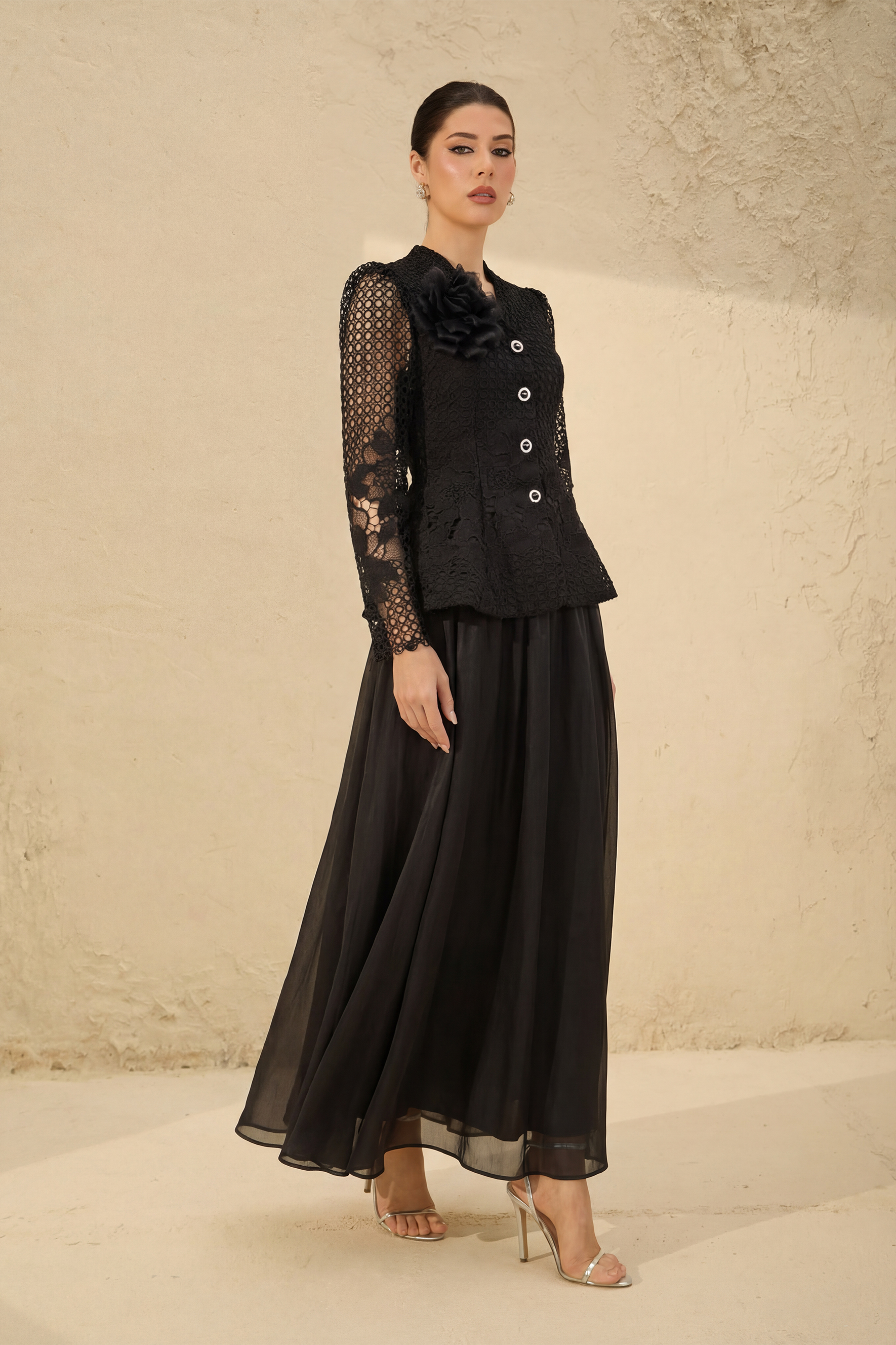 Evenings of Elegance Black Floral Embroidery Sheer Sleeve Top & Skirt Set