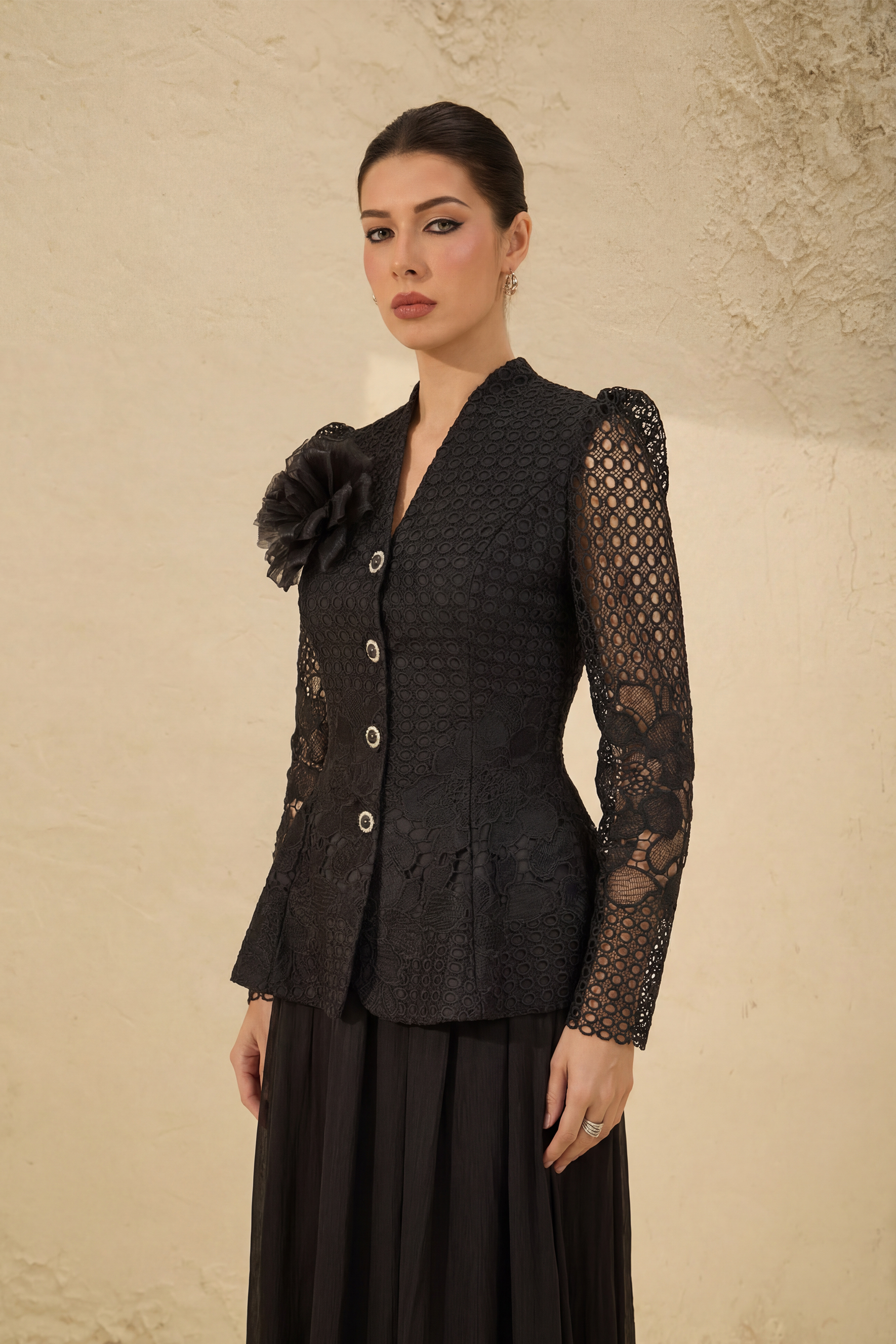 Evenings of Elegance Black Floral Embroidery Sheer Sleeve Top & Skirt Set