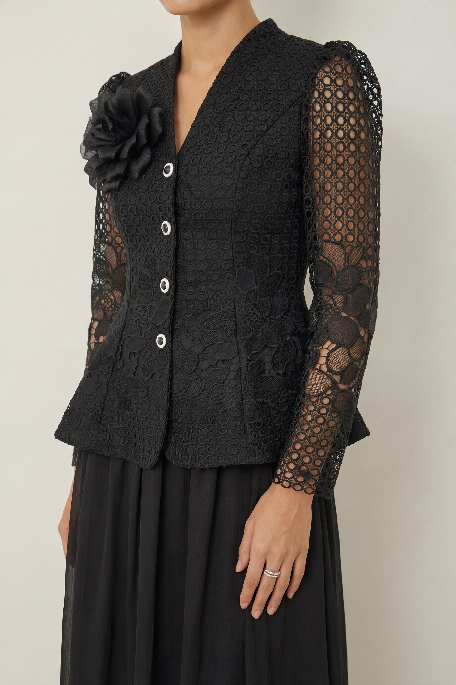 Evenings of Elegance Black Floral Embroidery Sheer Sleeve Top & Skirt Set