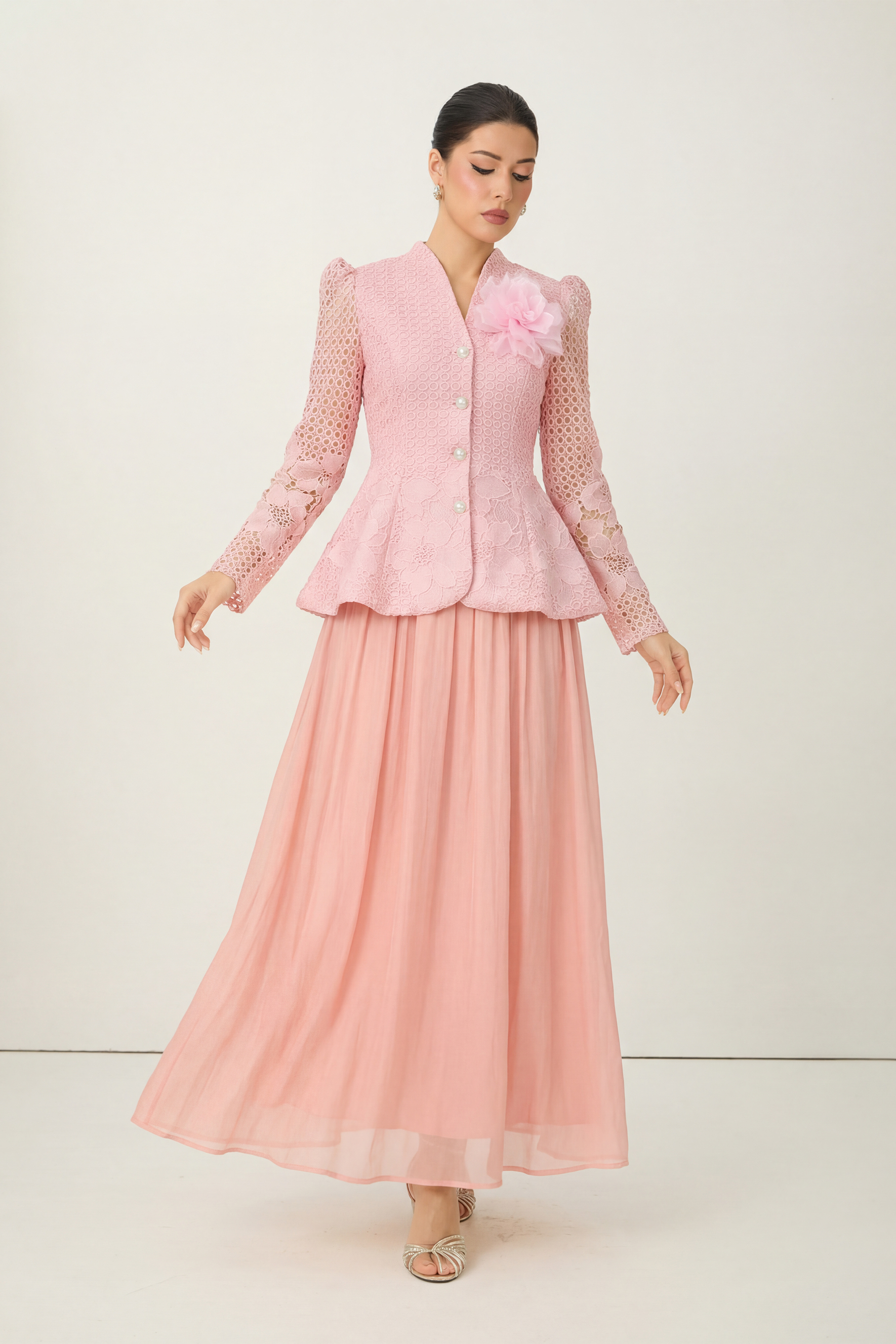 Evenings of Elegance Pink Floral Embroidery Sheer Sleeve Top & Skirt Set