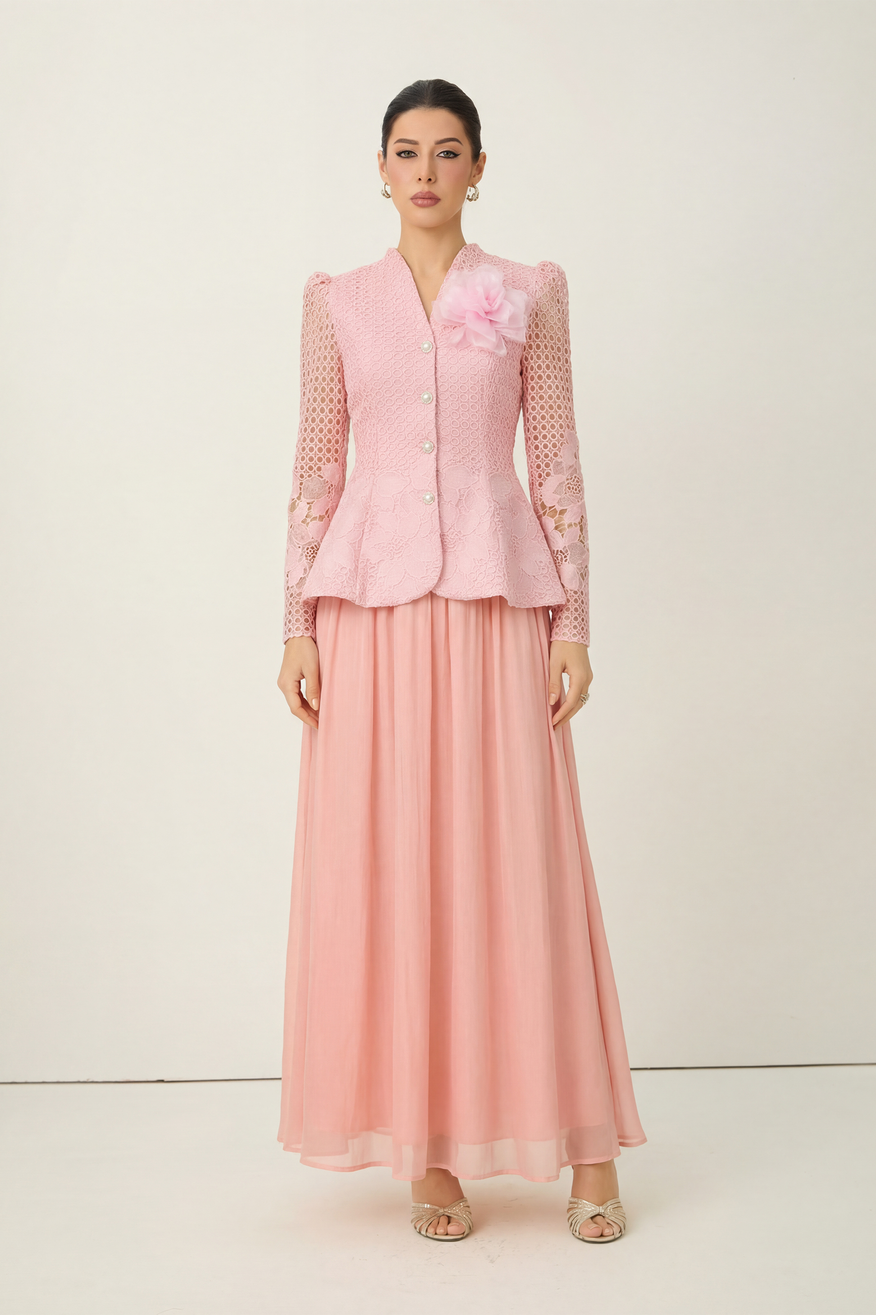 Evenings of Elegance Pink Floral Embroidery Sheer Sleeve Top & Skirt Set