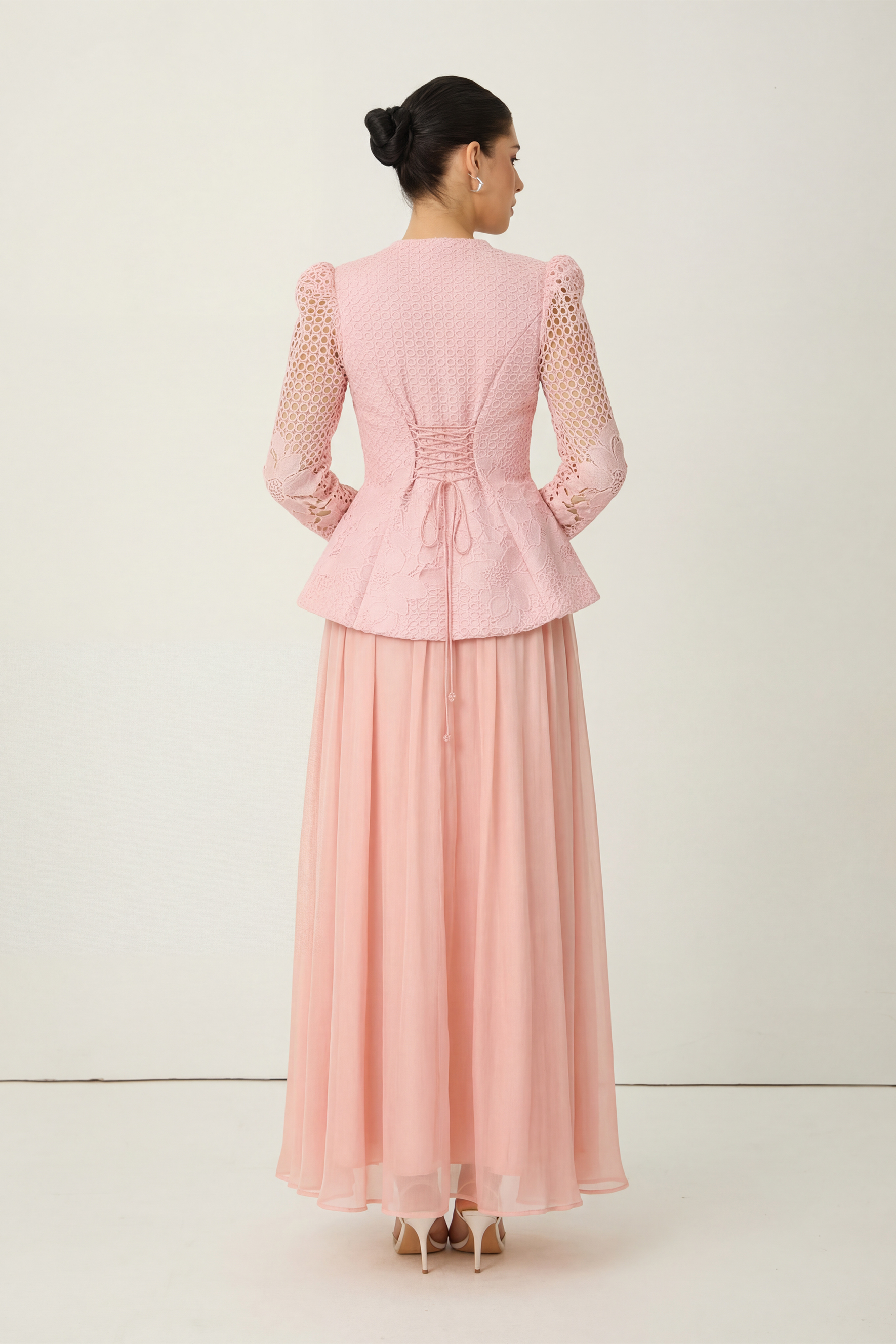 Evenings of Elegance Pink Floral Embroidery Sheer Sleeve Top & Skirt Set