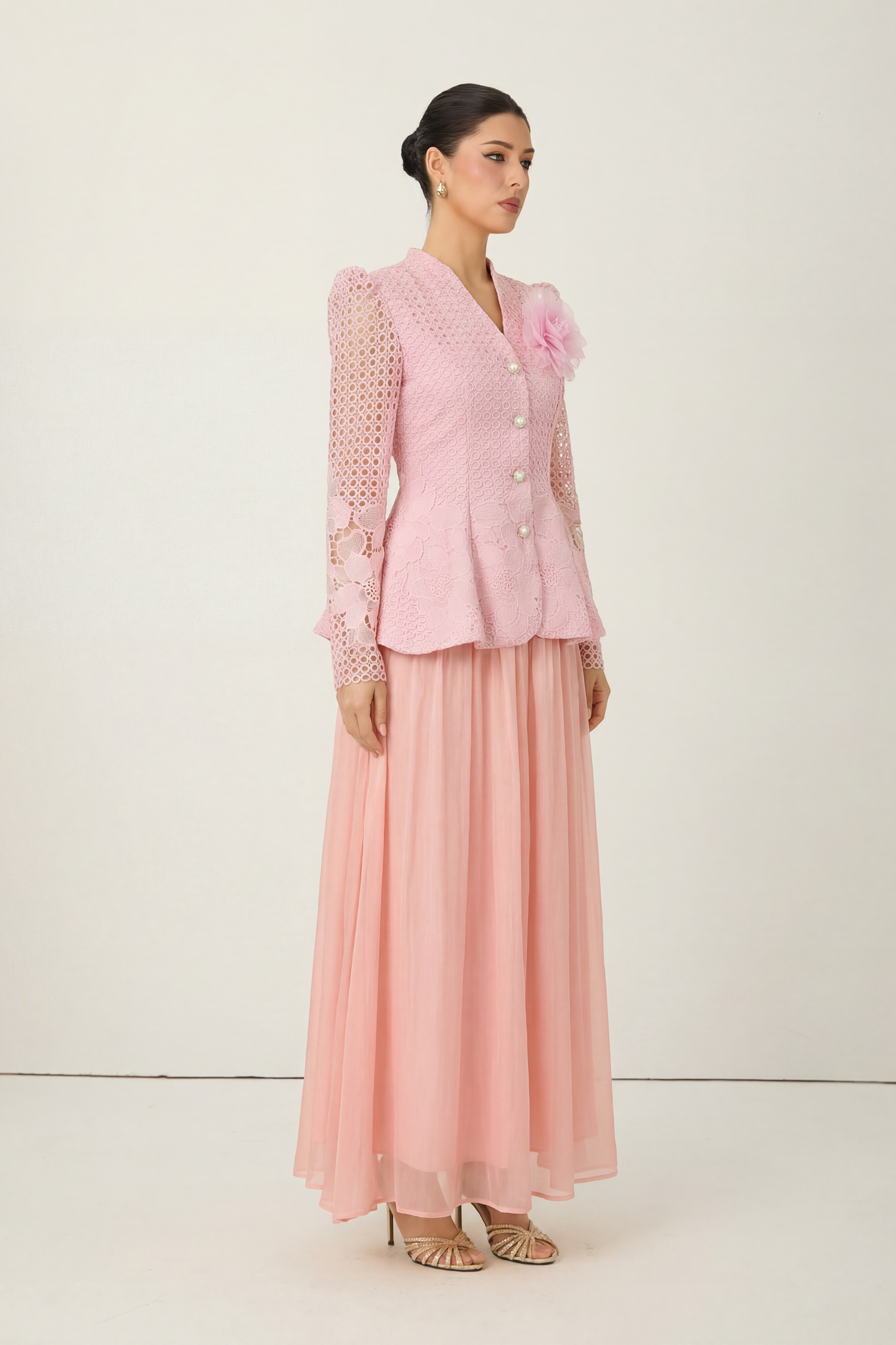 Evenings of Elegance Pink Floral Embroidery Sheer Sleeve Top & Skirt Set