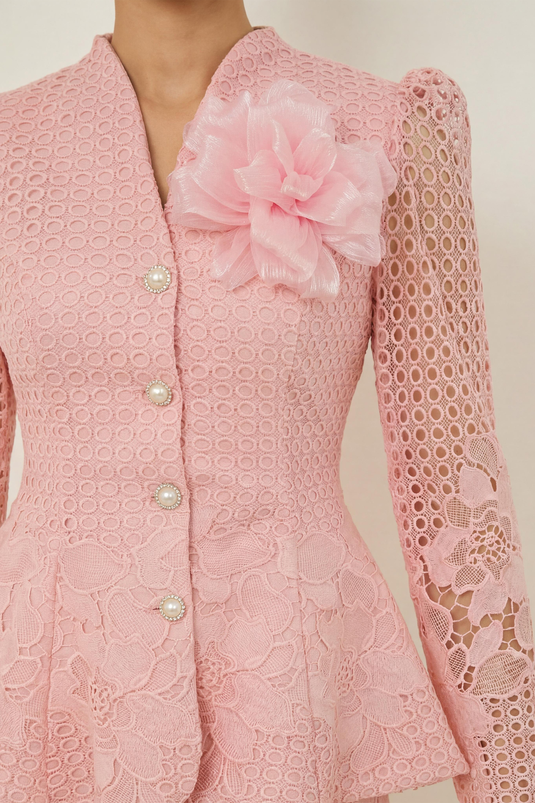 Evenings of Elegance Pink Floral Embroidery Sheer Sleeve Top & Skirt Set