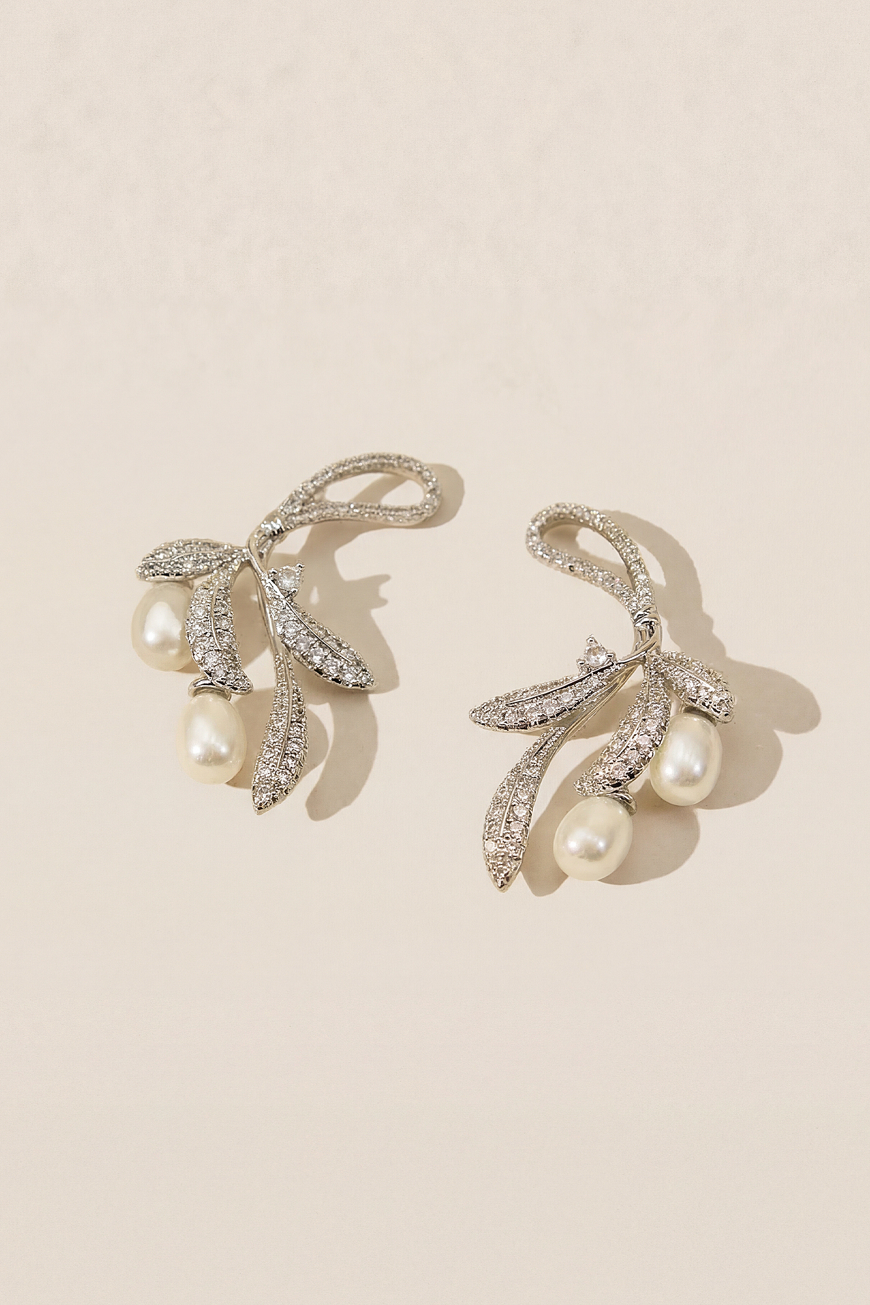 Crystal Feather Pearl Dangle Earrings