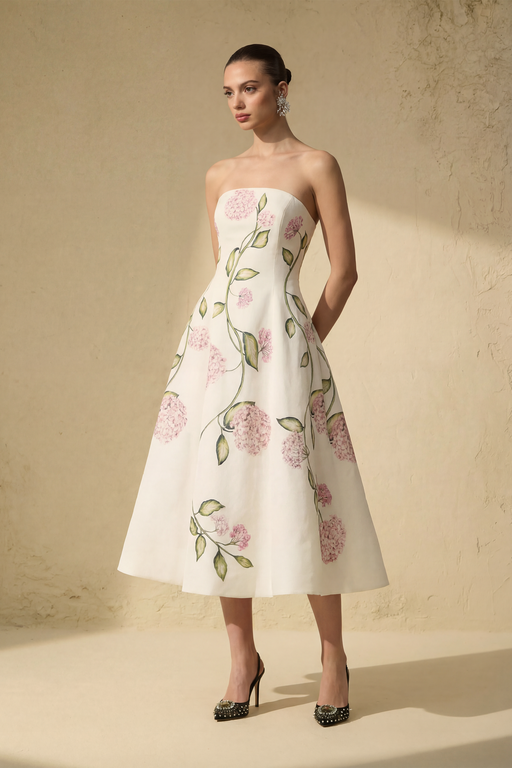 Beauty Hours White Floral Print Strapless Midi Dress