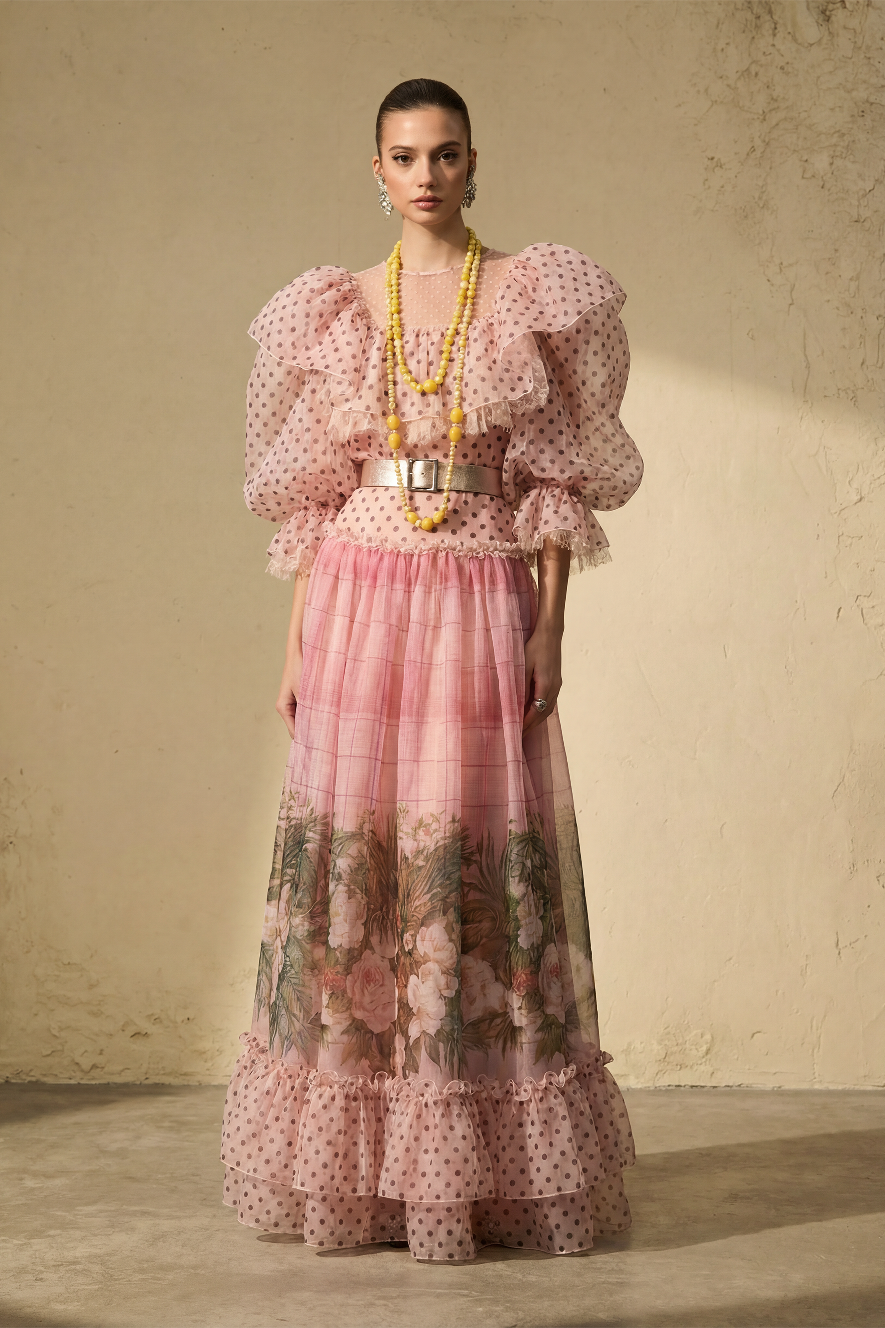 Modern Art Pink Polka Dot Floral Print Maxi Dress