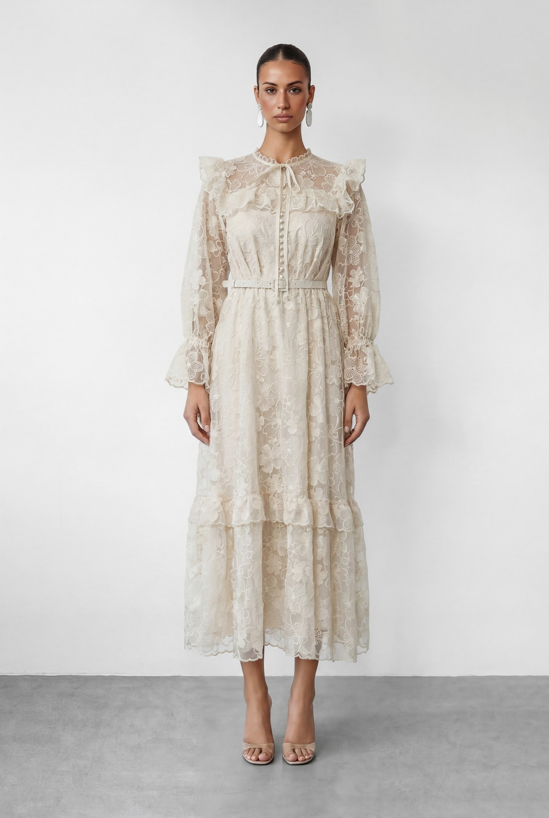 Floral Dream Beige Lace Embroidered Tiered Ruffle Maxi Dress