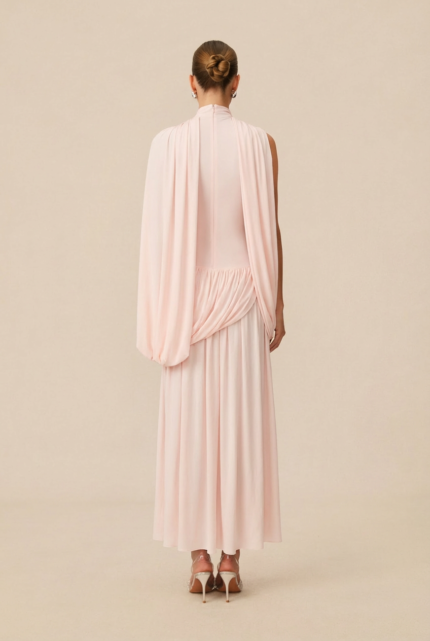 Lost in Romance Pink Asymmetrical Cape Sleeve Maxi Dress