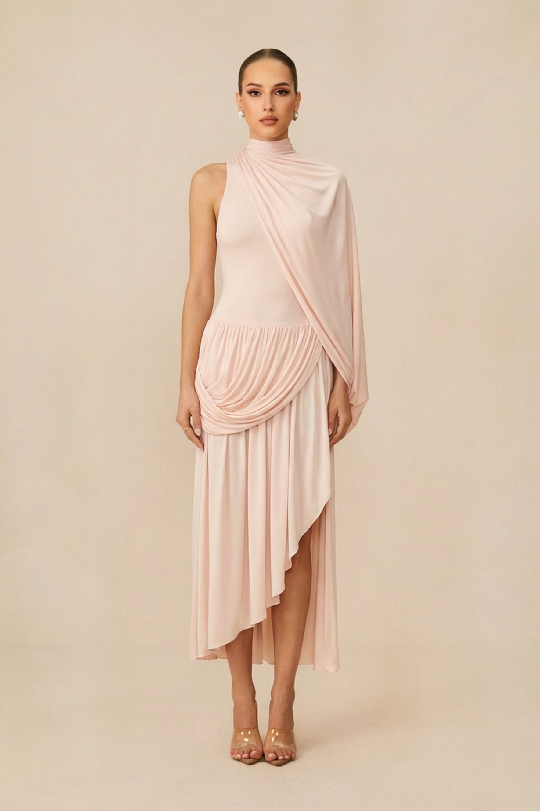 Lost in Romance Pink Asymmetrical Cape Sleeve Maxi Dress