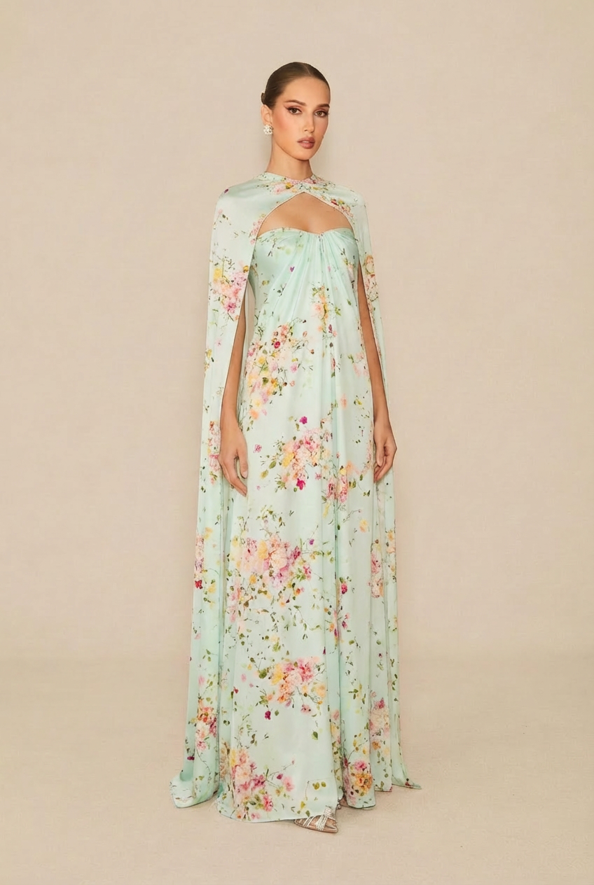 Sweet Like Spring Green Floral Print Strapless Maxi Dress With Cape