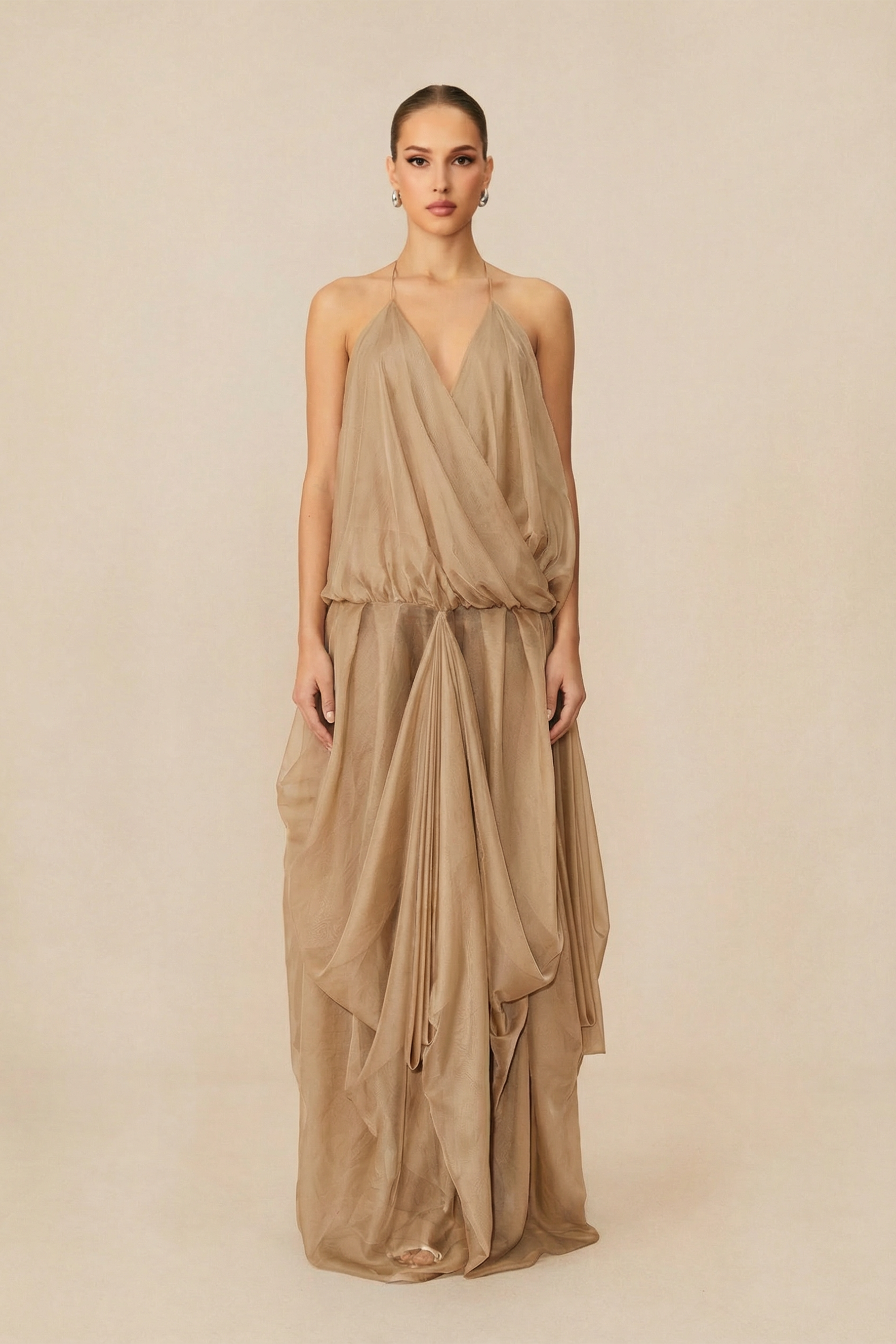 Love Letters Khaki Halter V-Neck Asymmetric Maxi Dress