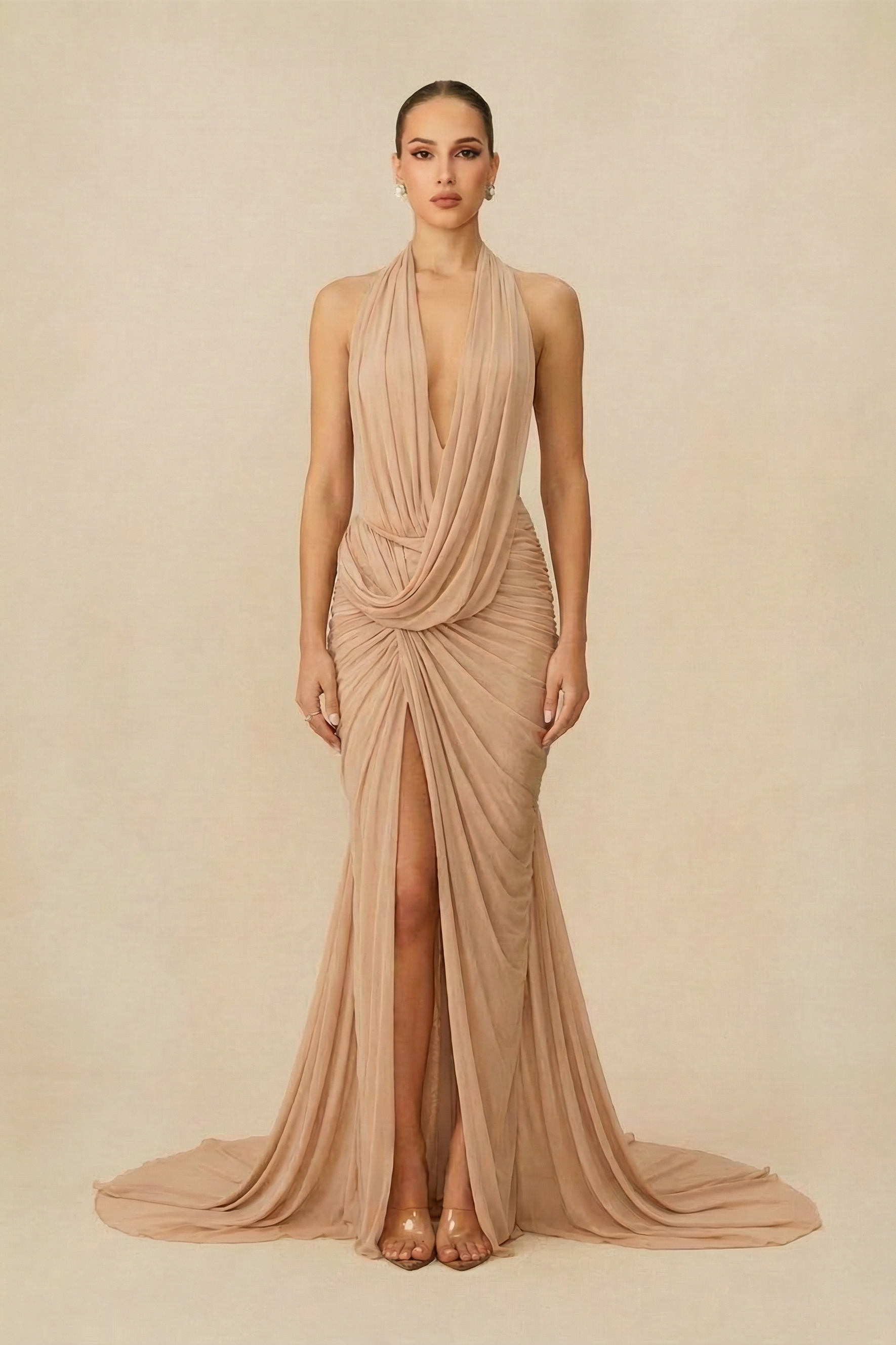 Event Ready Nude Deep V Neck High Slit Maxi Dress