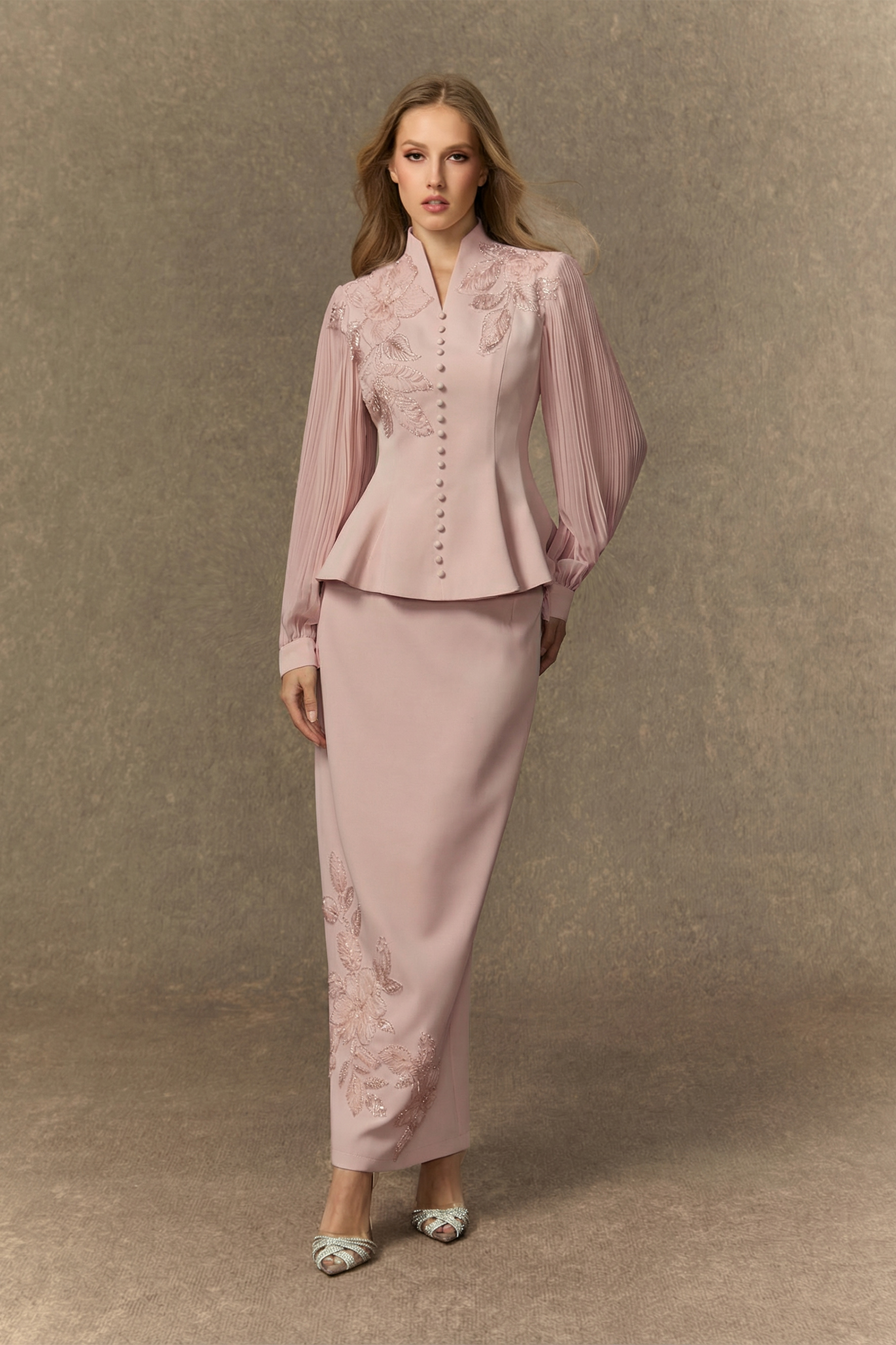 Dressed To Dazzle White Floral Embroidery Pleated Sleeve Skirt Set