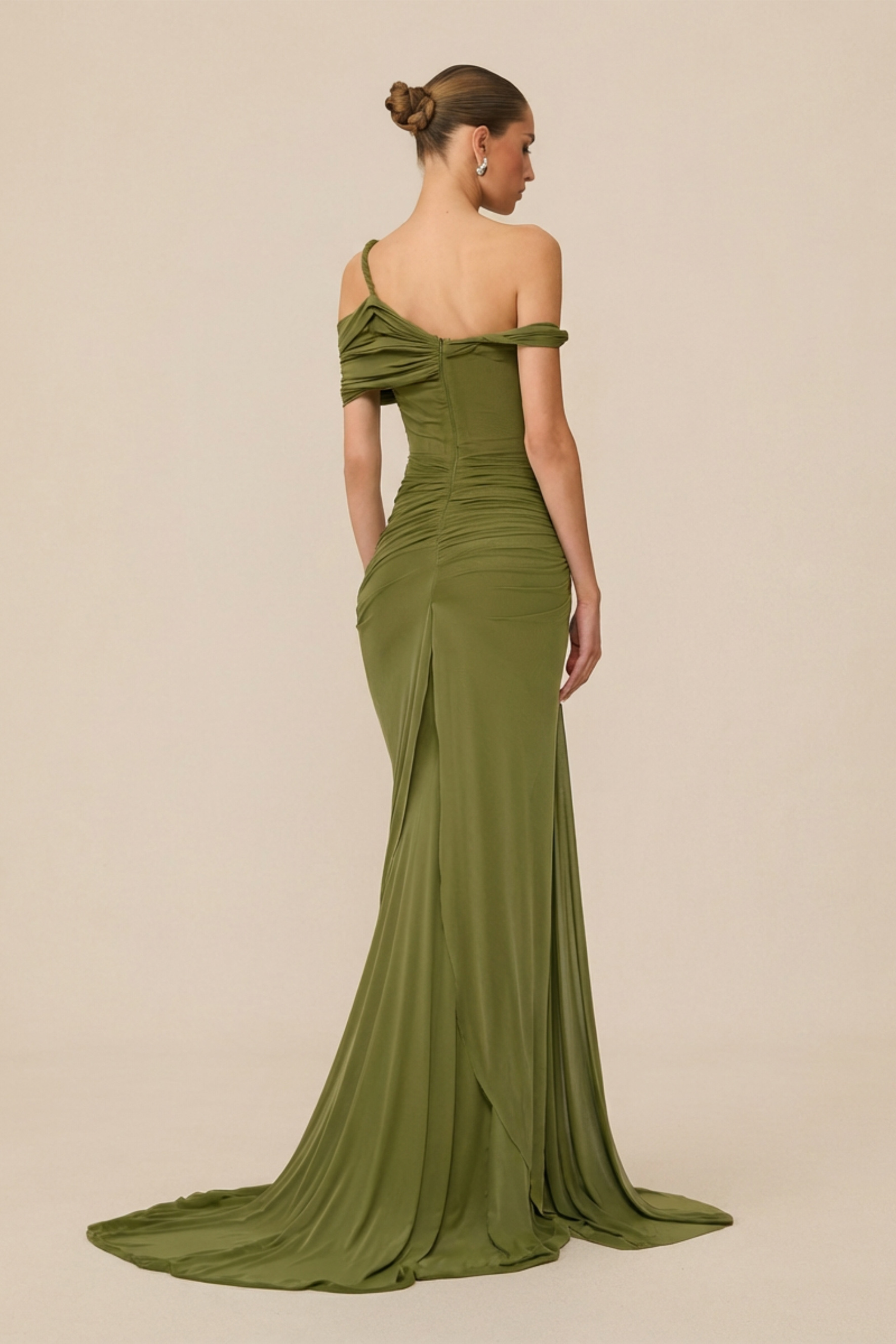 Date Me Darling Olive Asymmetric Off Shoulder Maxi Dress