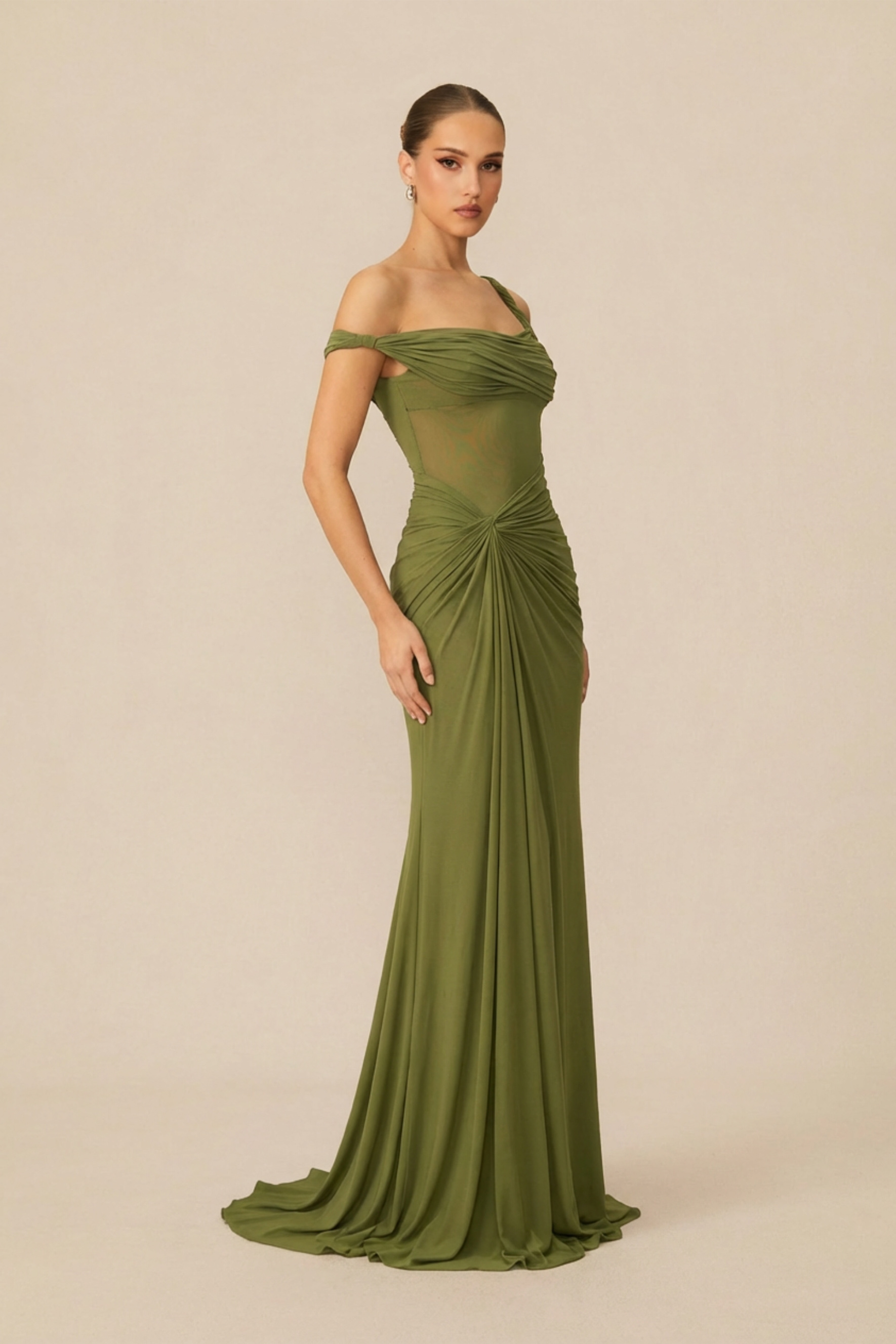 Date Me Darling Olive Asymmetric Off Shoulder Maxi Dress
