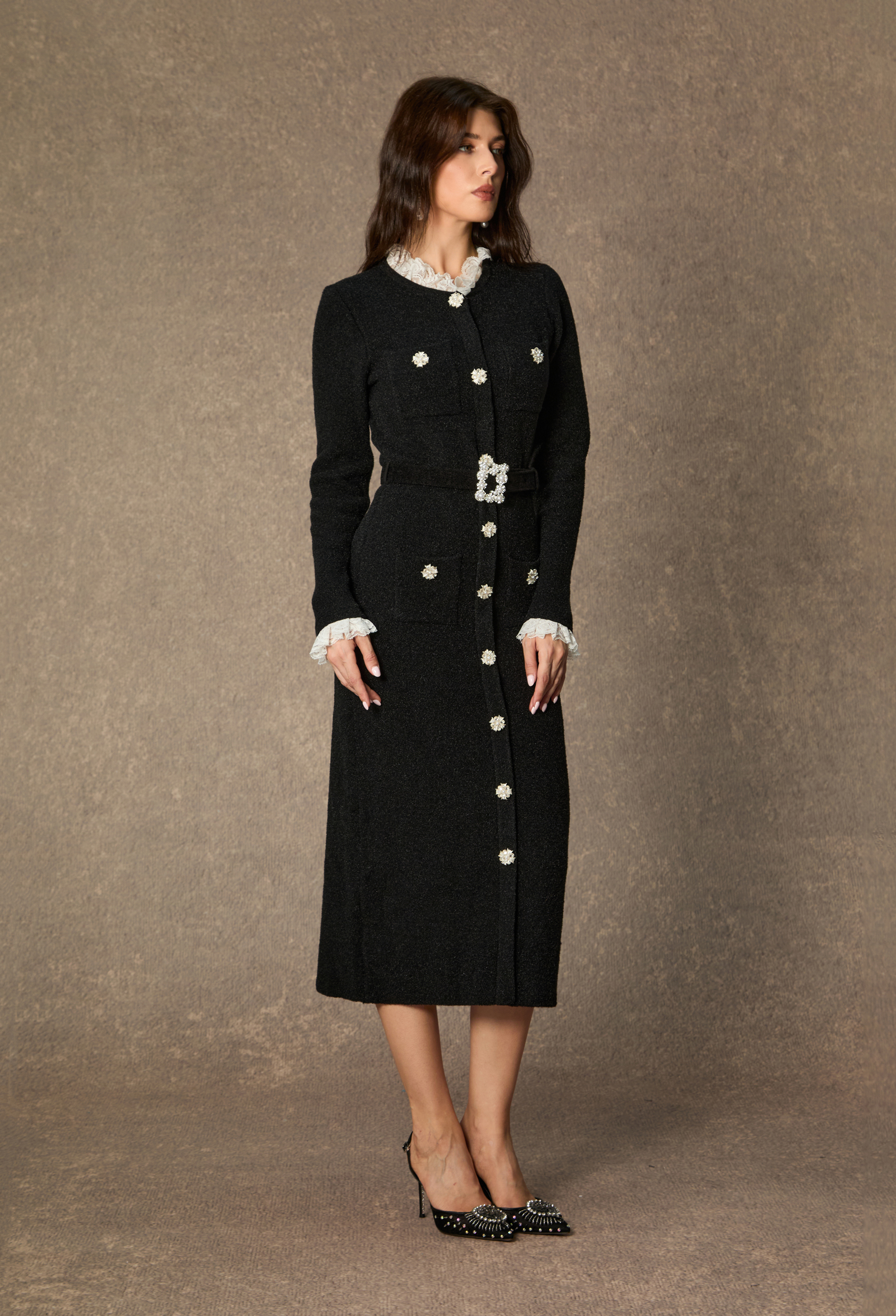 Classic Poise Black Ruffle Trim Knit Midi Dress