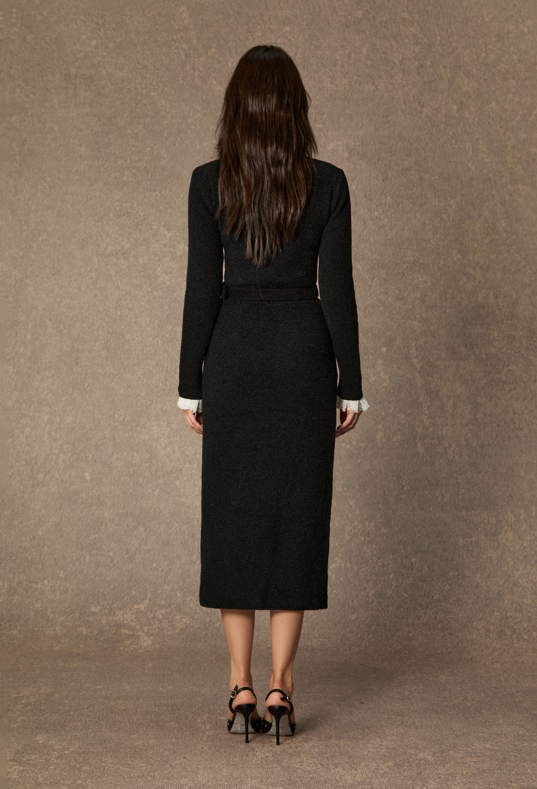 Classic Poise Black Ruffle Trim Knit Midi Dress