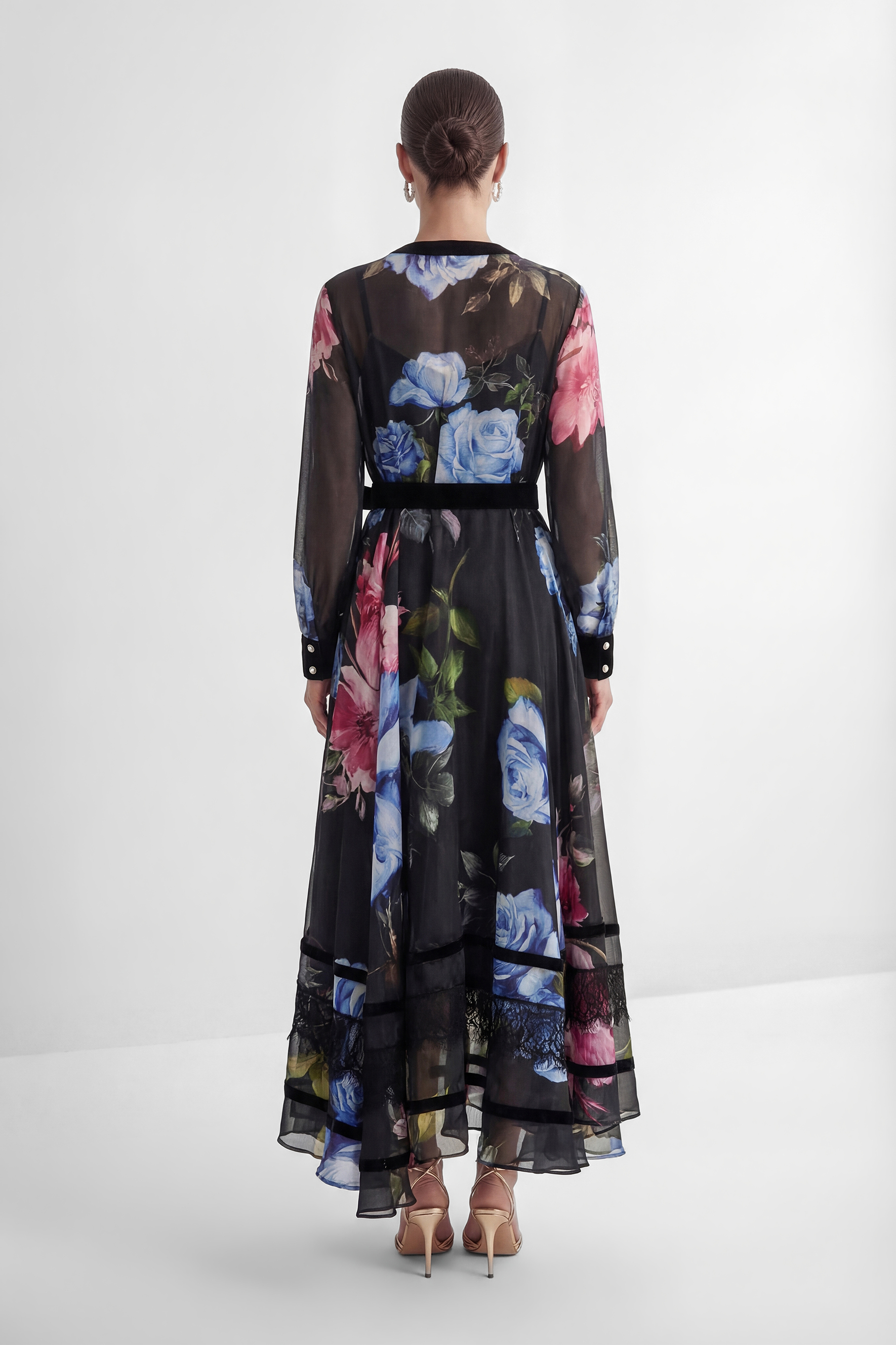 Antique Roses Black Floral Applique Sheer Sleeve Maxi Dress