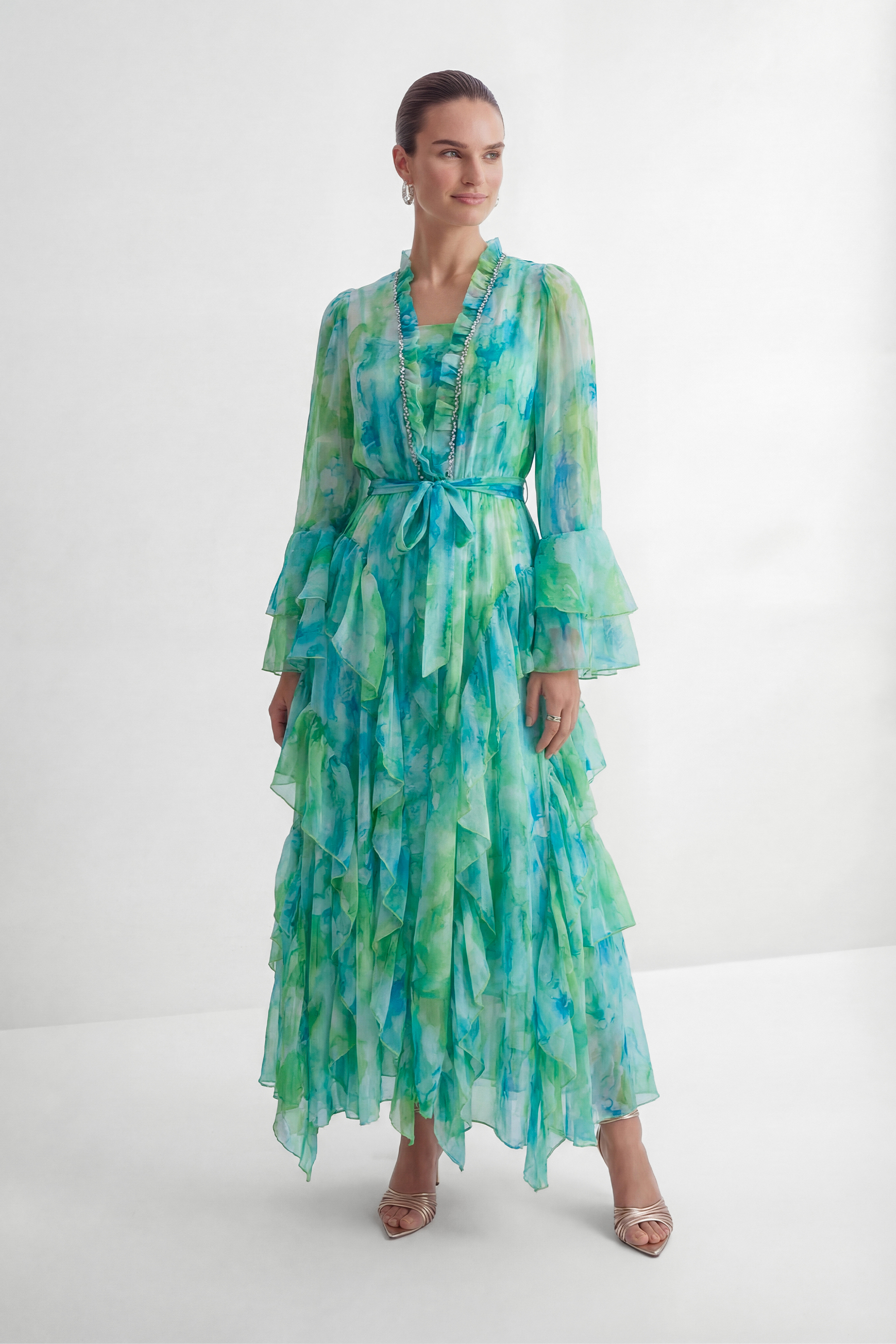 Vibes On Point Mint Green Abstract Print Tiered Ruffle Maxi Dress