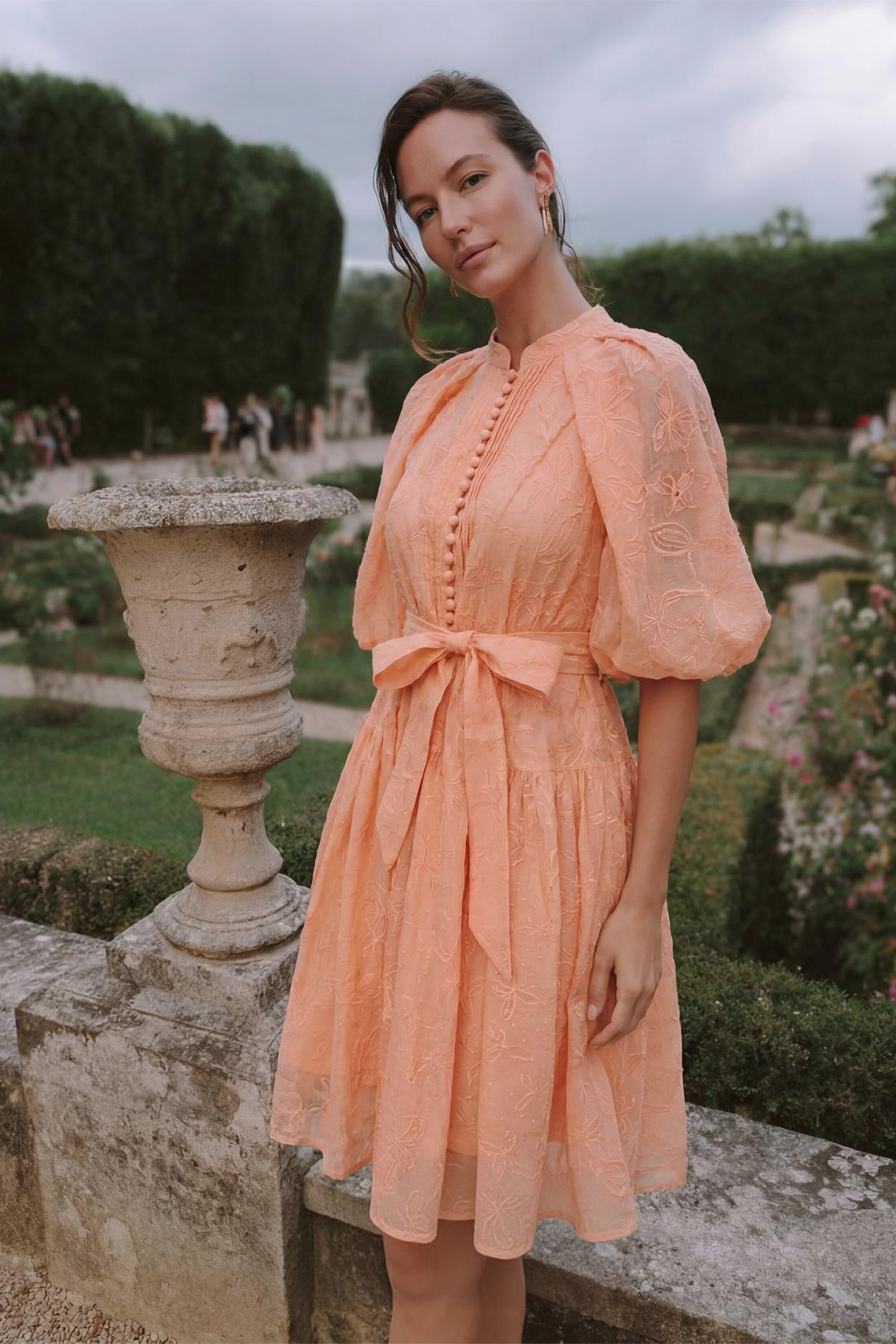 Devoted to Fun Orange Embroidered Short Puff Sleeve Midi Dress