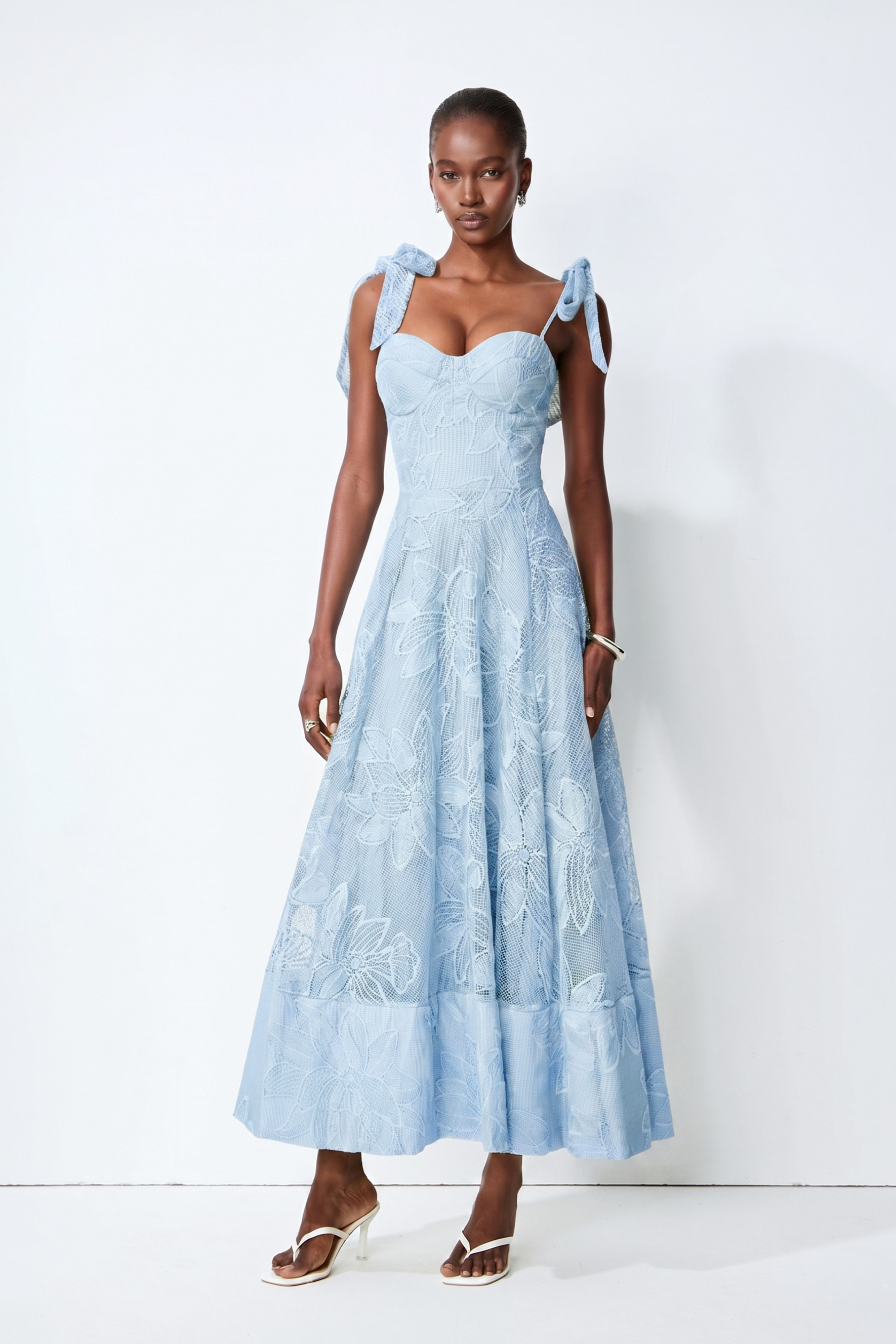 Spring Romance Blue Floral Lace Bow Strap Maxi Dress