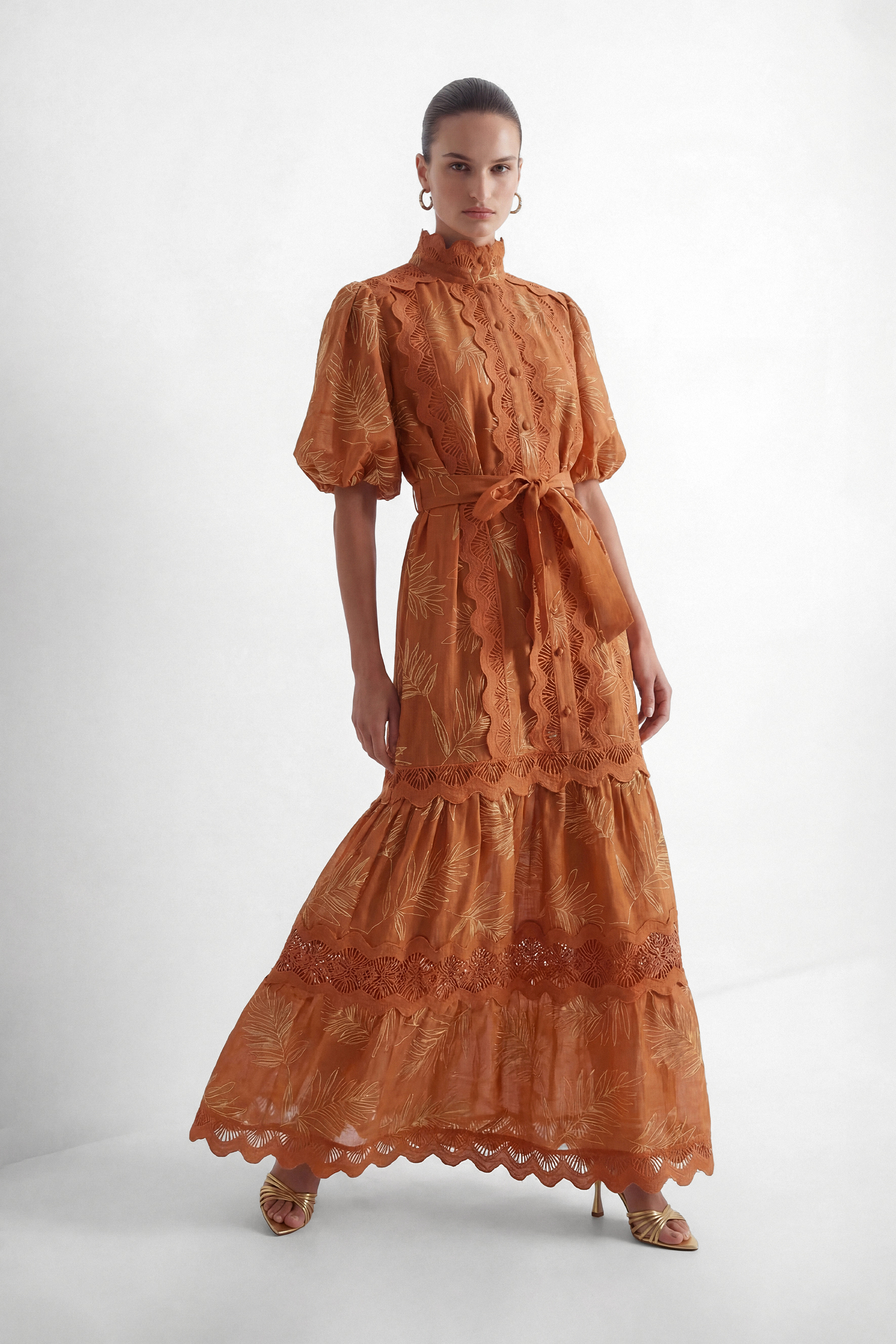 Secret Rendezvous Brown Leaf Embroidered Tiered Maxi Dress