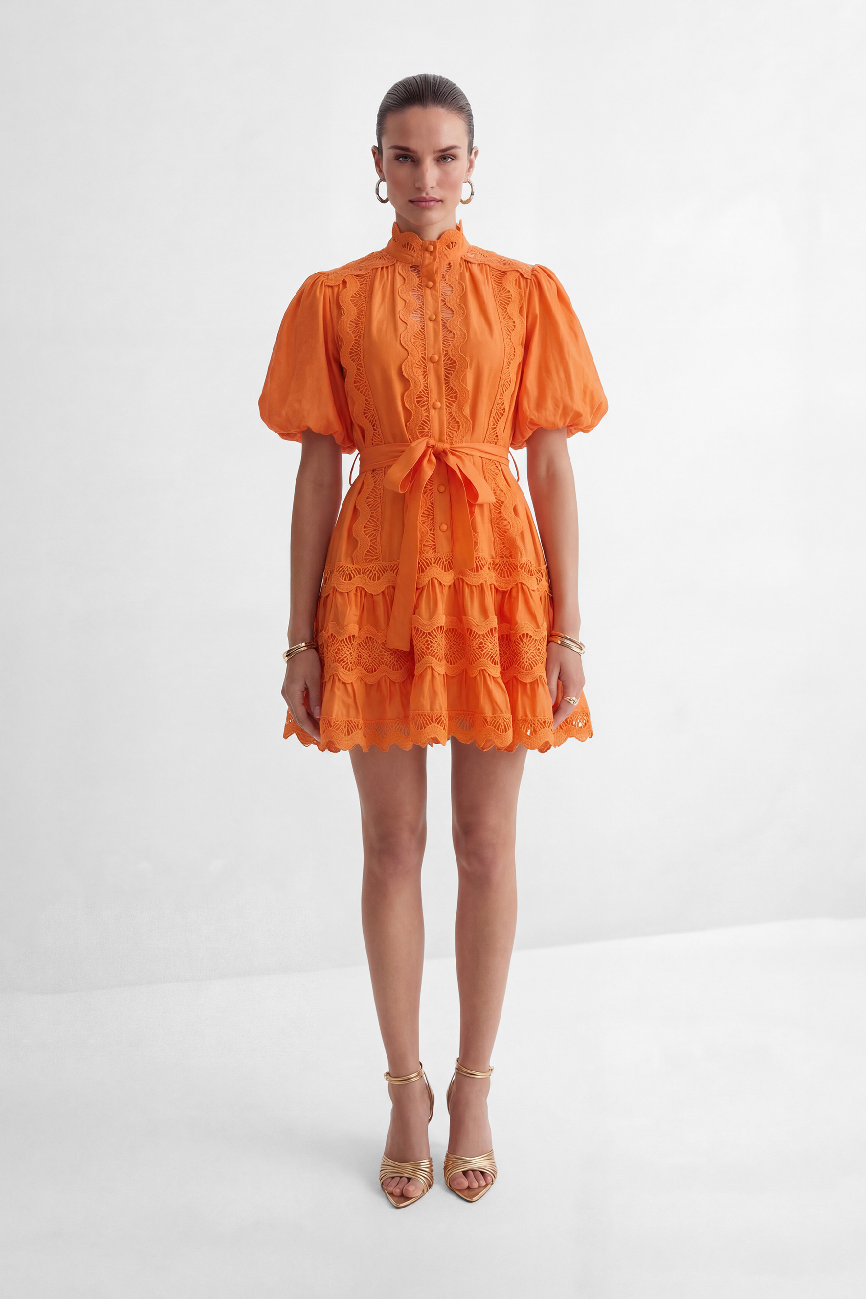 Gorgeous Essence Orange Lace Trim Tiered Mini Dress