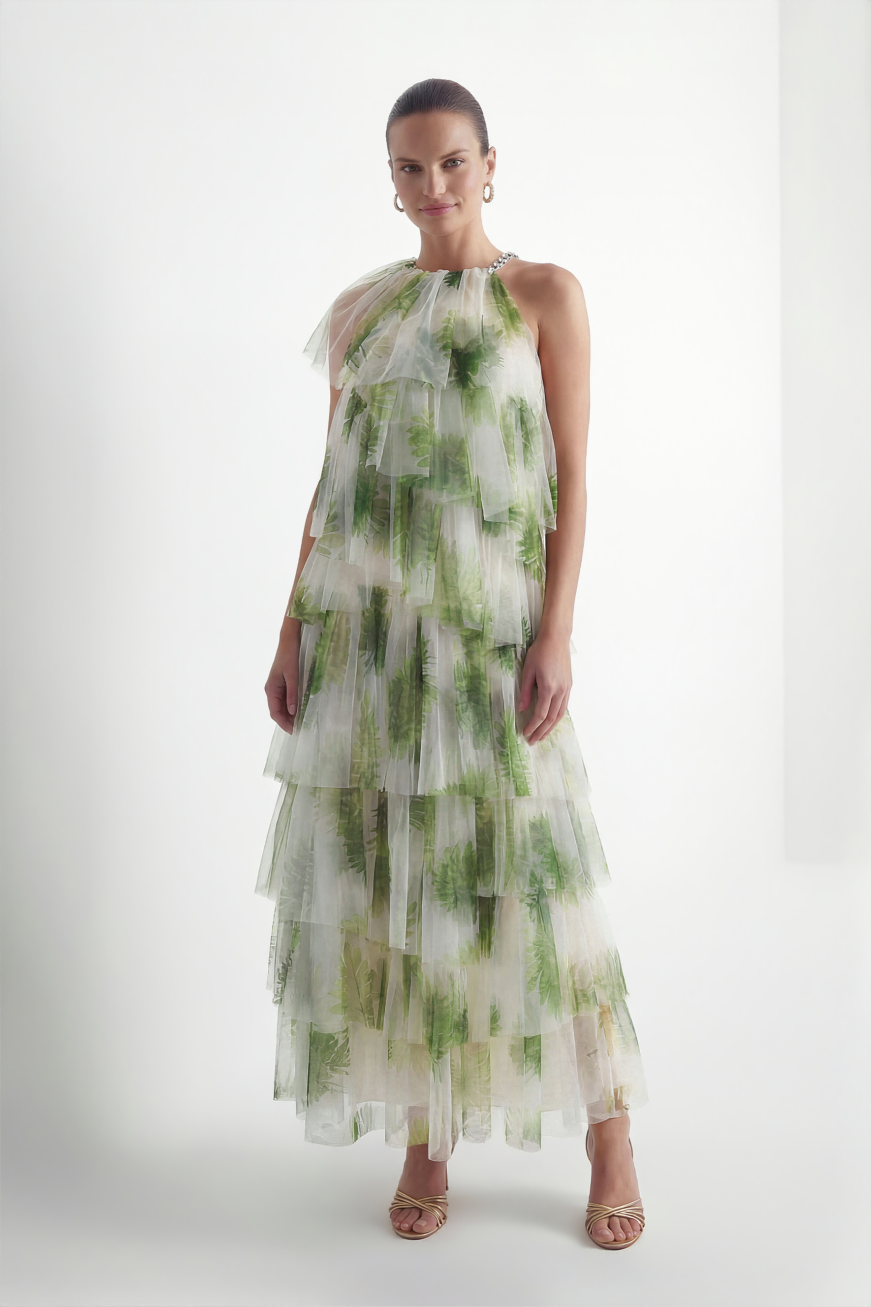 Garden Romance Green Leaf Print Tiered Tulle Maxi Dress