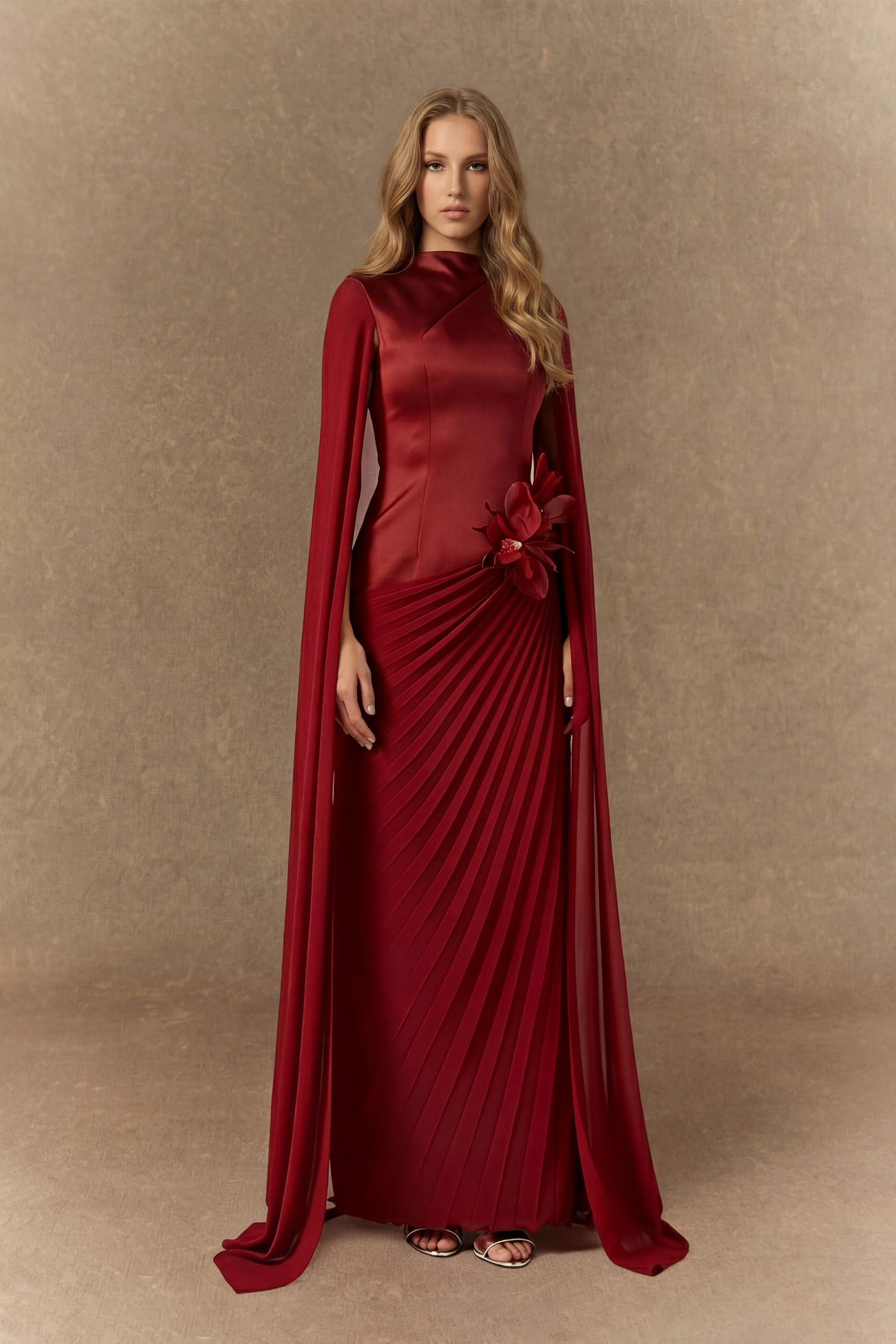 Got The Glam Burgundy Floral Applique Pleated Maxi Dress