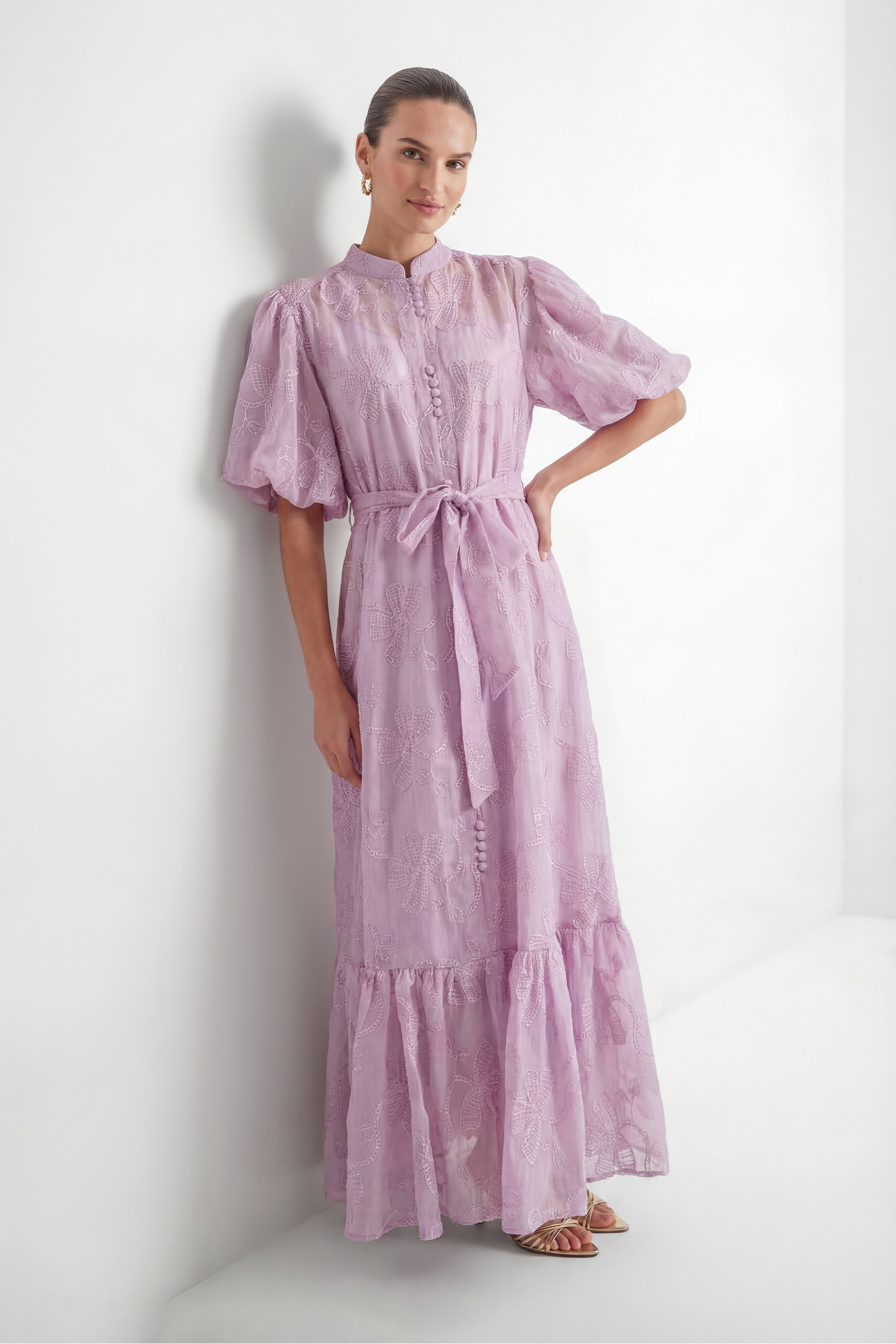 Playfully Posh Lavender Floral Embroidered Tiered Maxi Dress