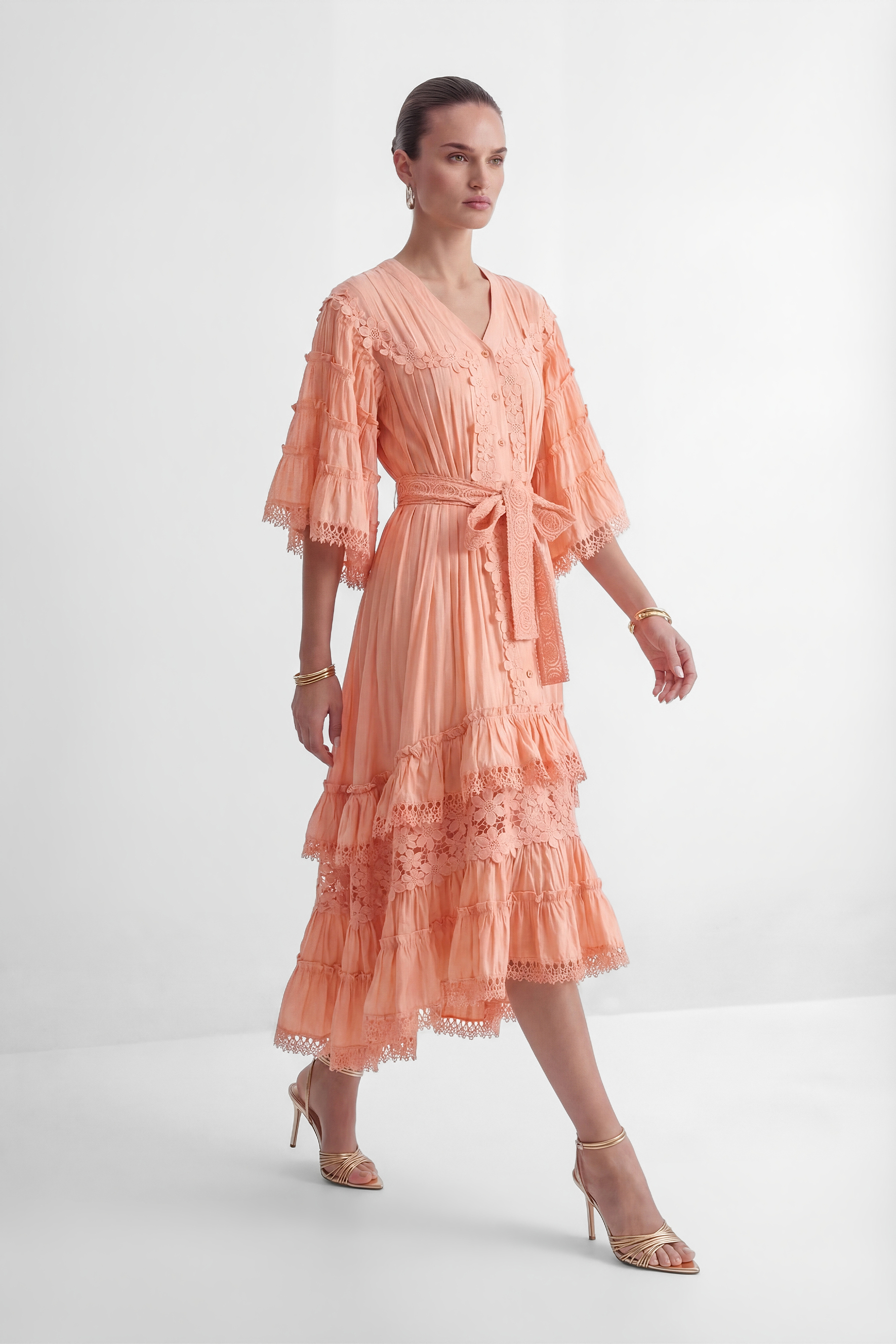 Sweet Sophistication Pink Floral Applique Tiered Maxi Dress