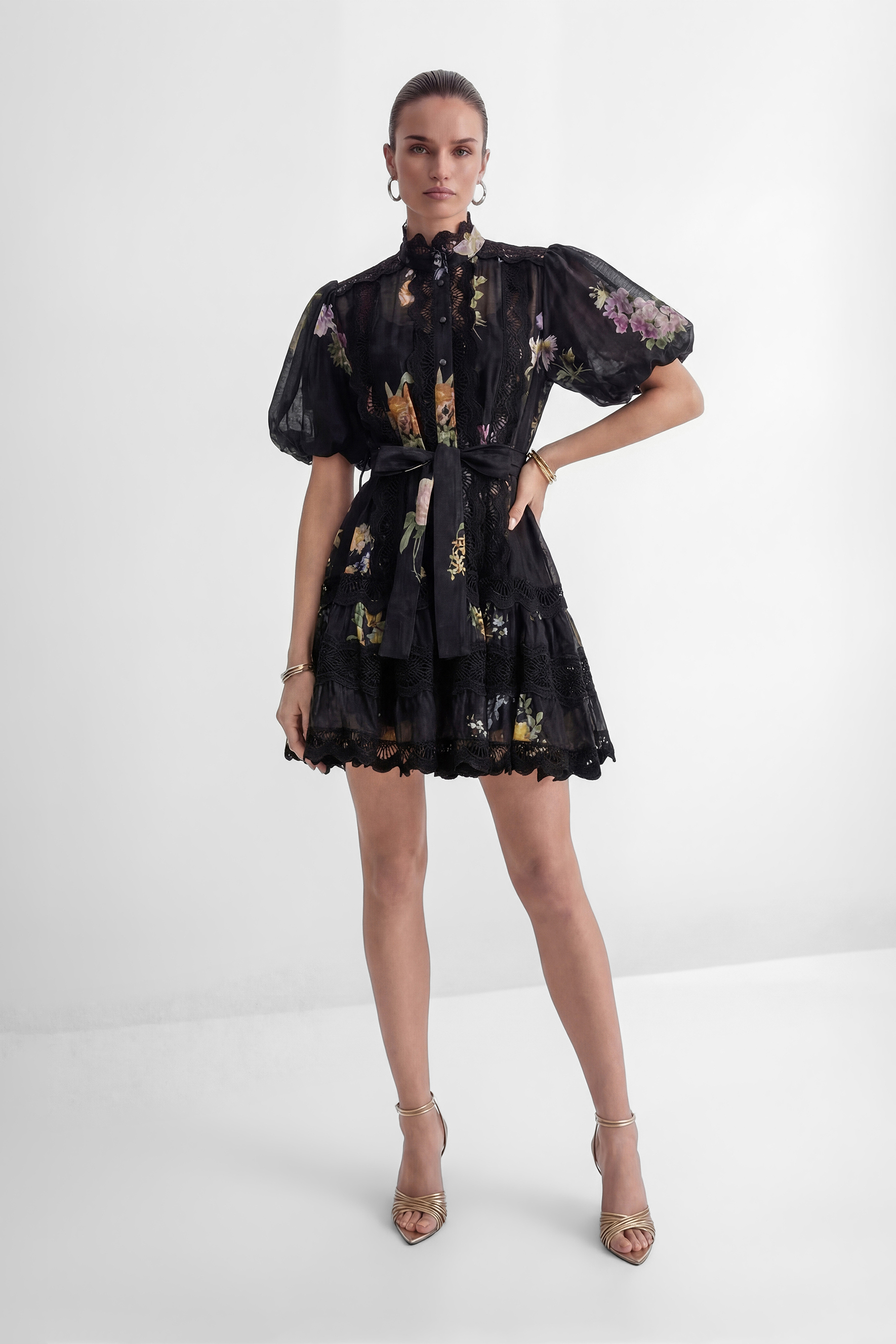 Radiance In The Dark Black Floral Print Lace Trim Mini Dress