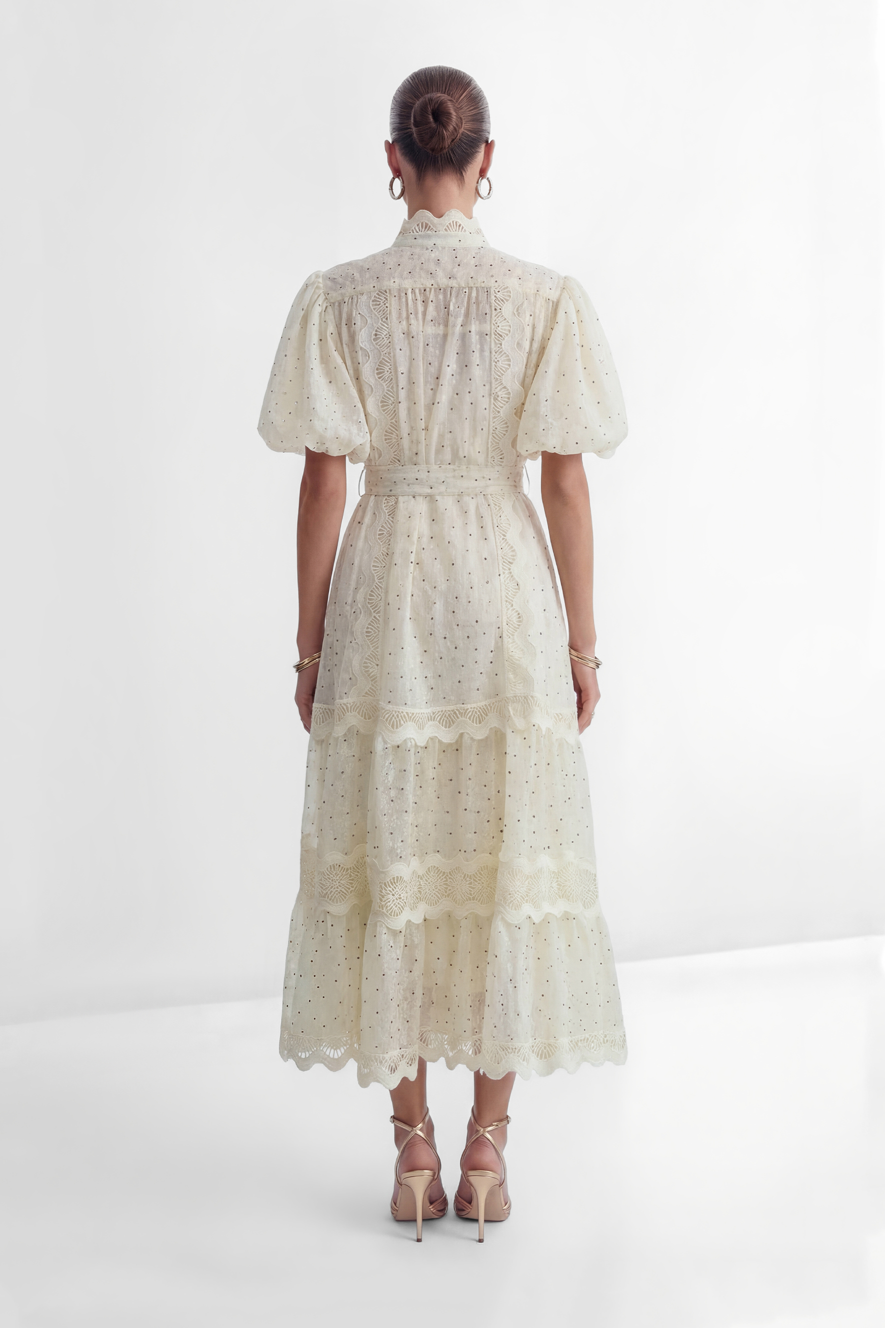 Momentous Love Beige Lace Trim Polka Dot Maxi Dress