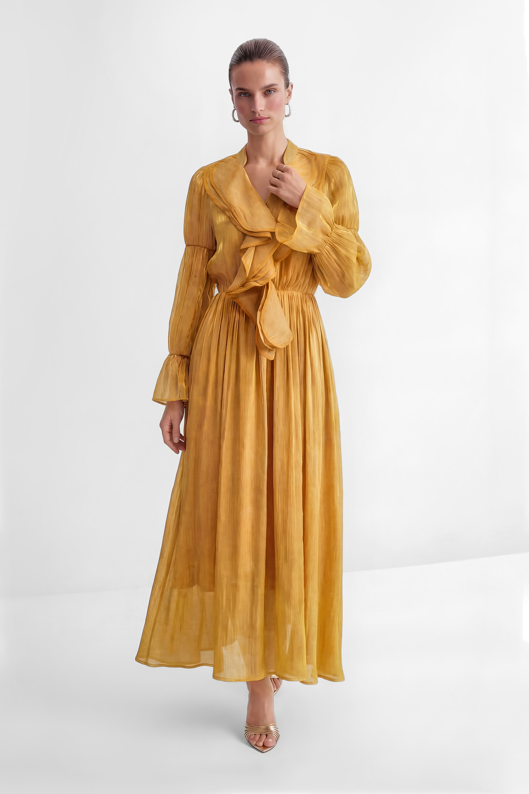 Gorgeous Essence Yellow Ruffled Neckline Flared Sleeve Maxi Dress